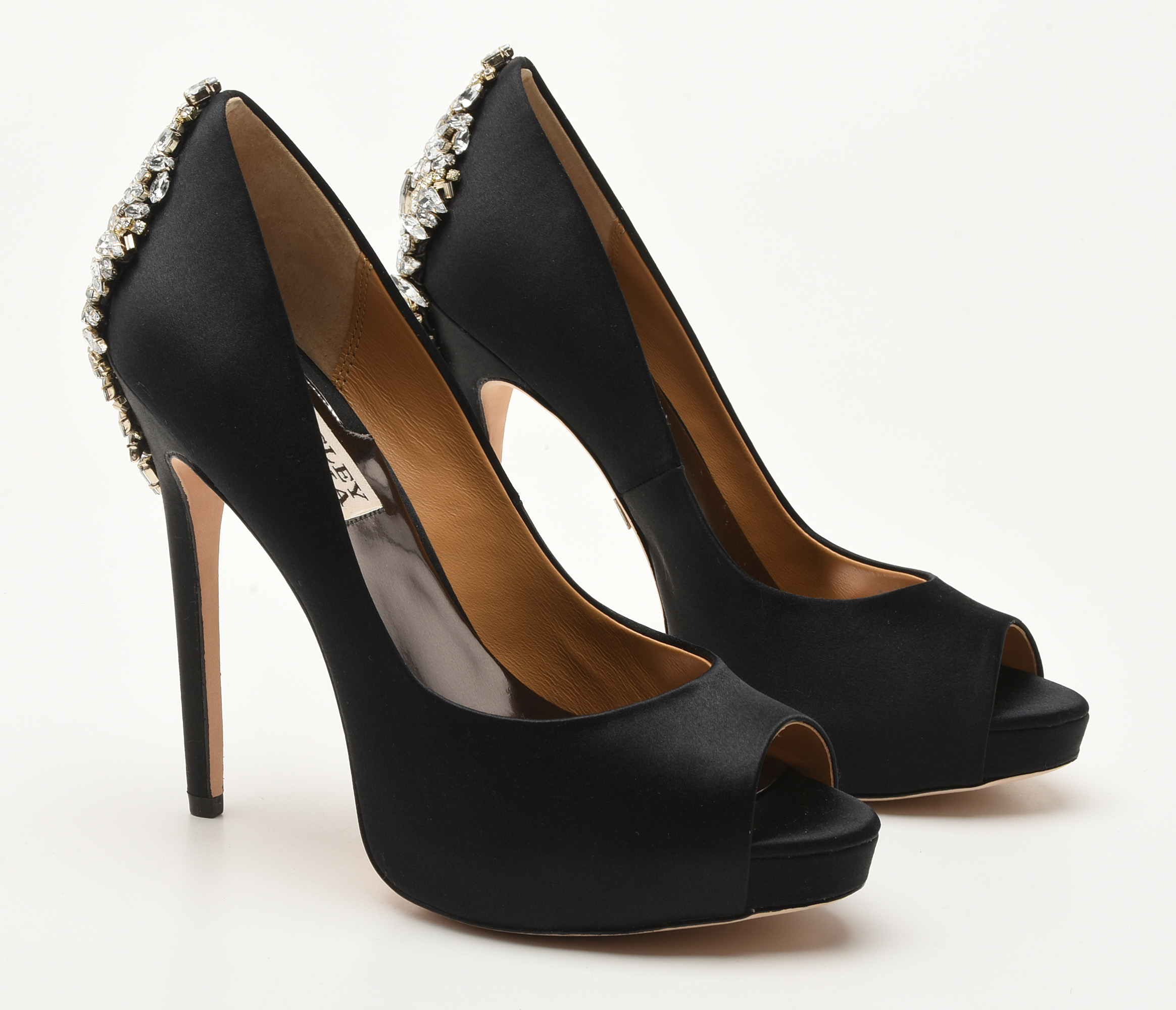 Badgley Mischka Black Satin and Glass Crystal Embellished Platform Kiara Pumps