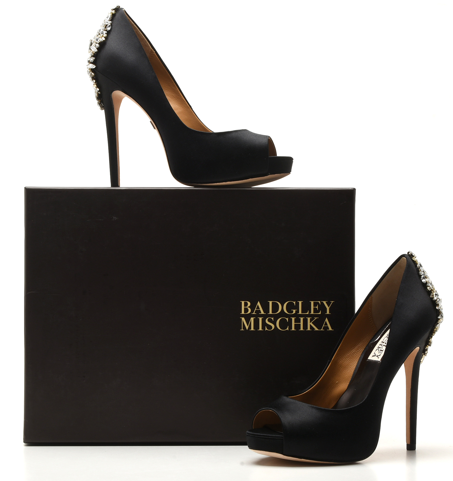 Badgley Mischka Black Satin and Glass Crystal Embellished Platform Kiara Pumps