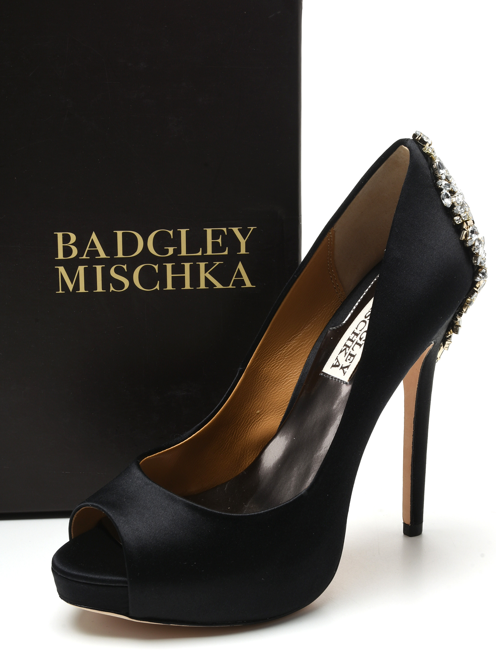 Badgley Mischka Black Satin and Glass Crystal Embellished Platform Kiara Pumps