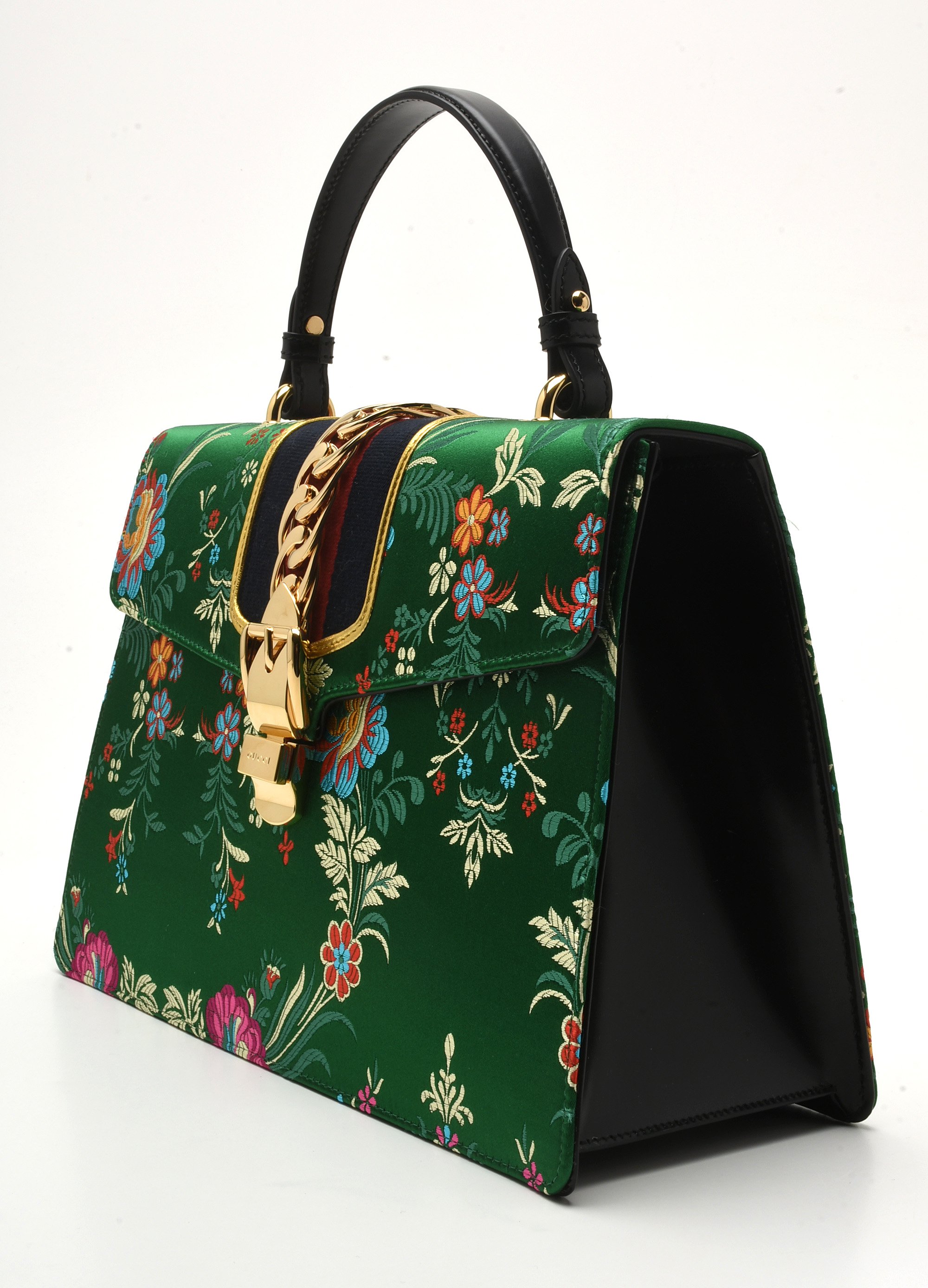 Gucci Sylvie Top-Handle Tokyo Green Multicolored Silk Floral Jacquard Handbag