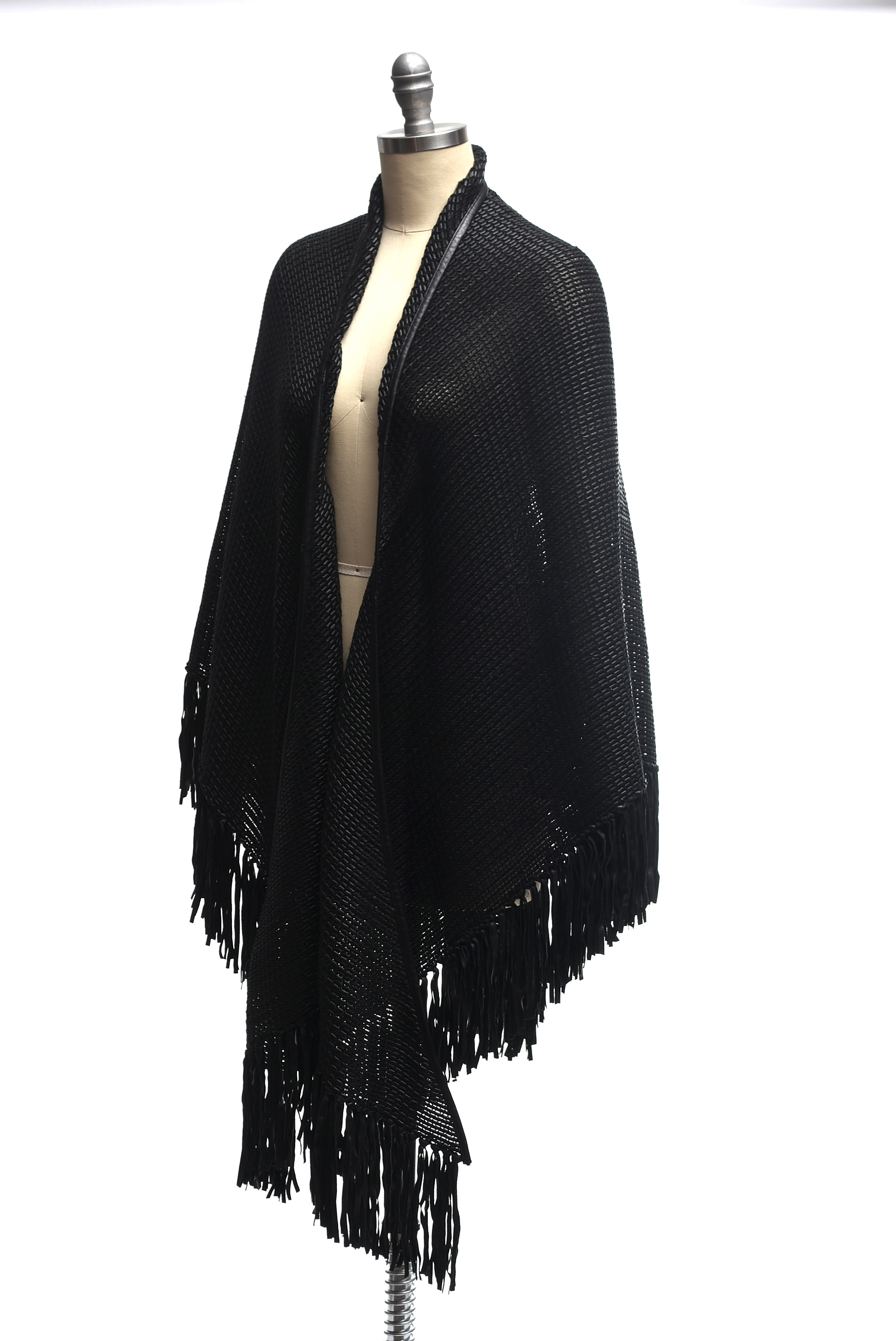 Woven Black Leather Fringed Shawl