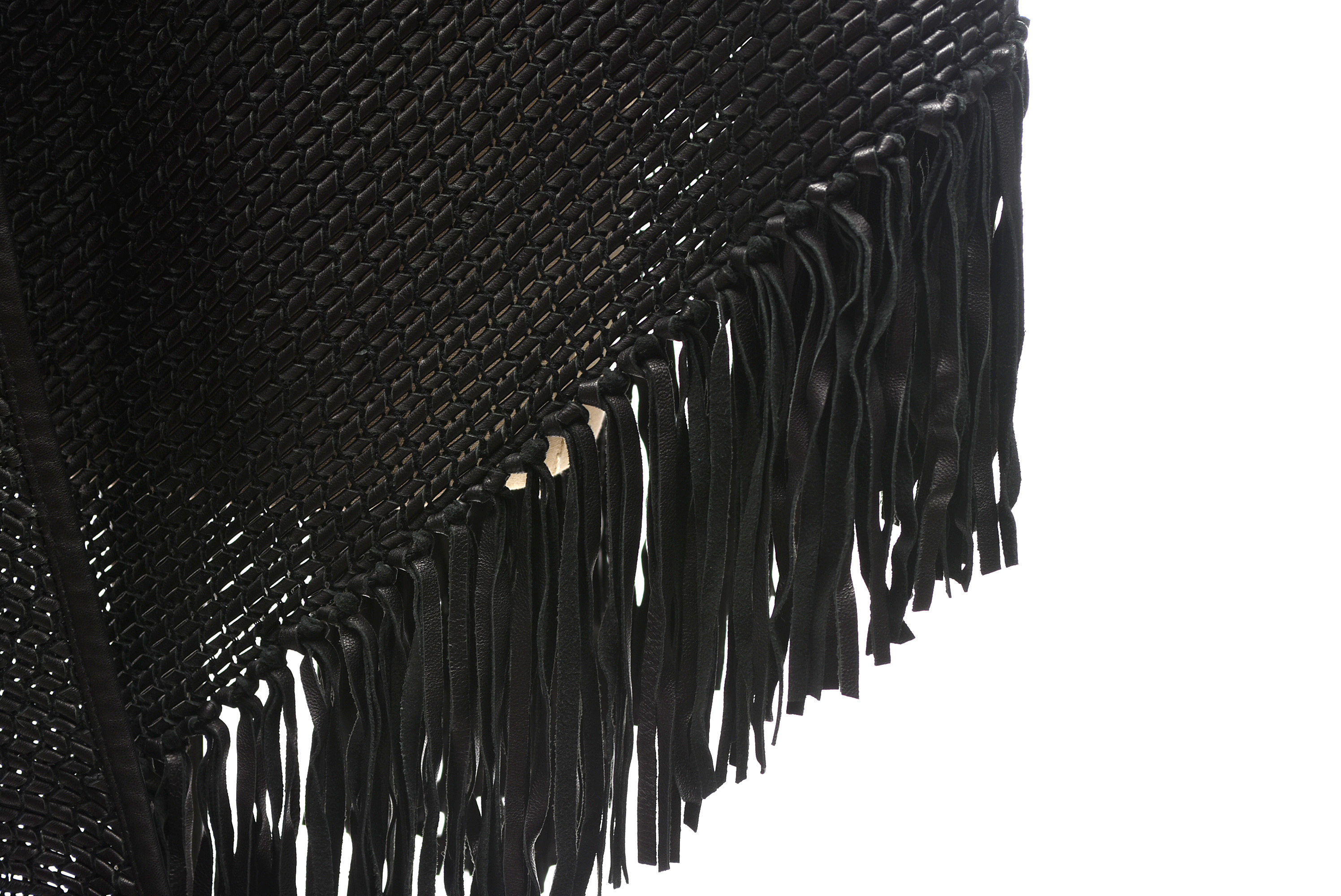 Woven Black Leather Fringed Shawl