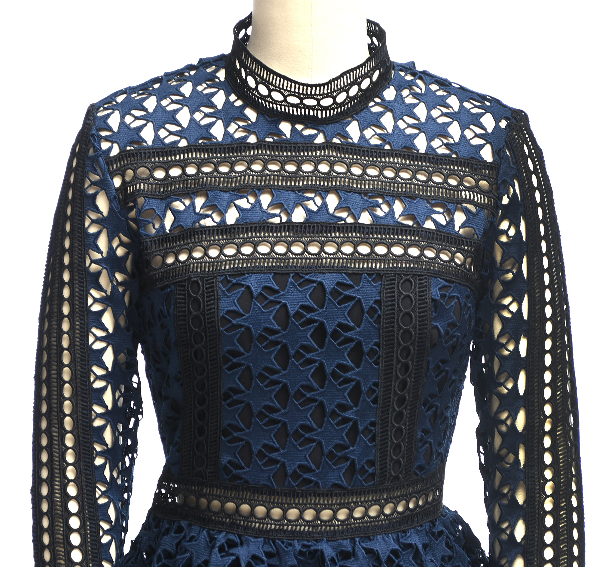 Self Portrait Navy Blue Star Lace Paneled Dress