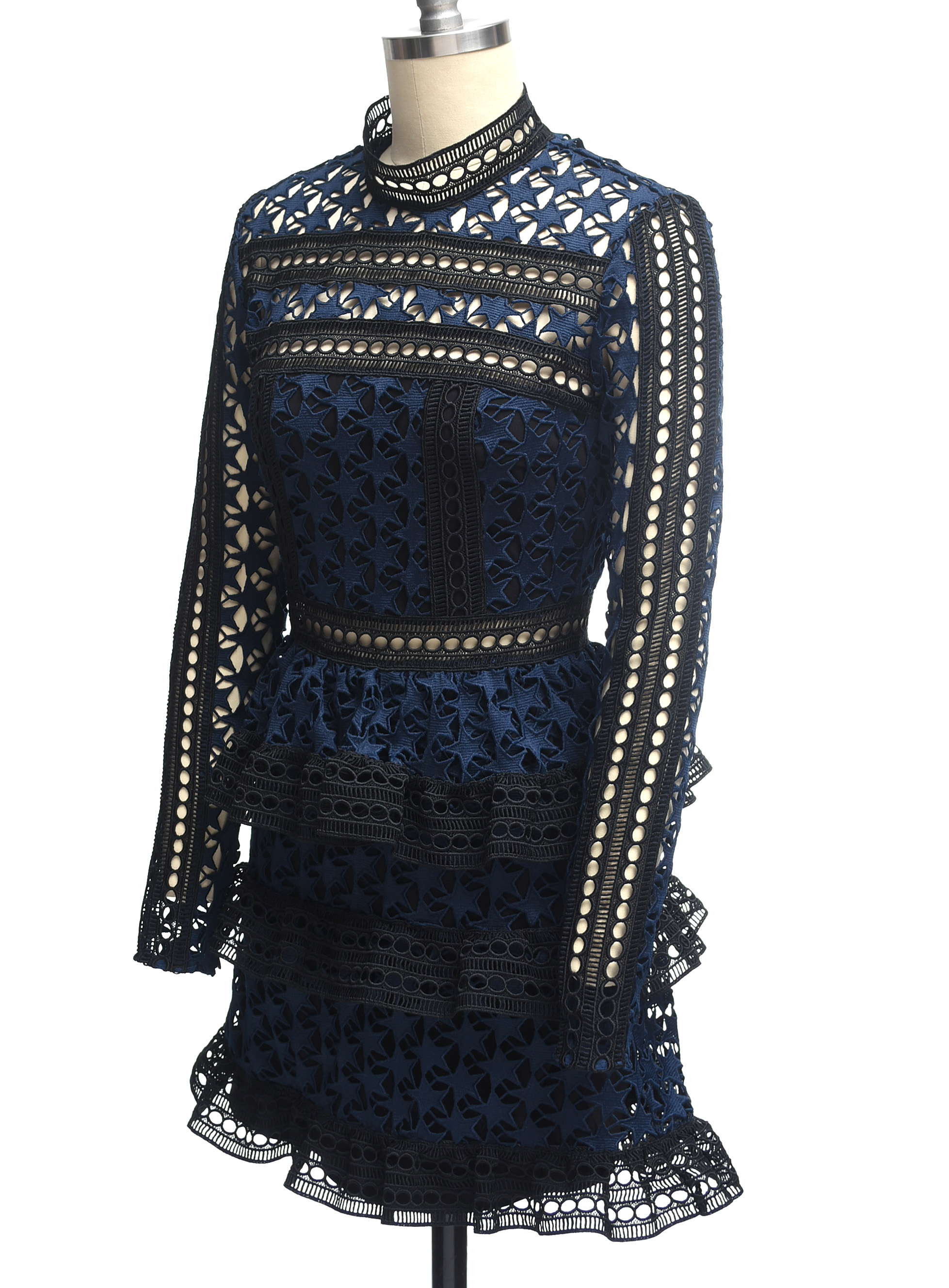 Self Portrait Navy Blue Star Lace Paneled Dress
