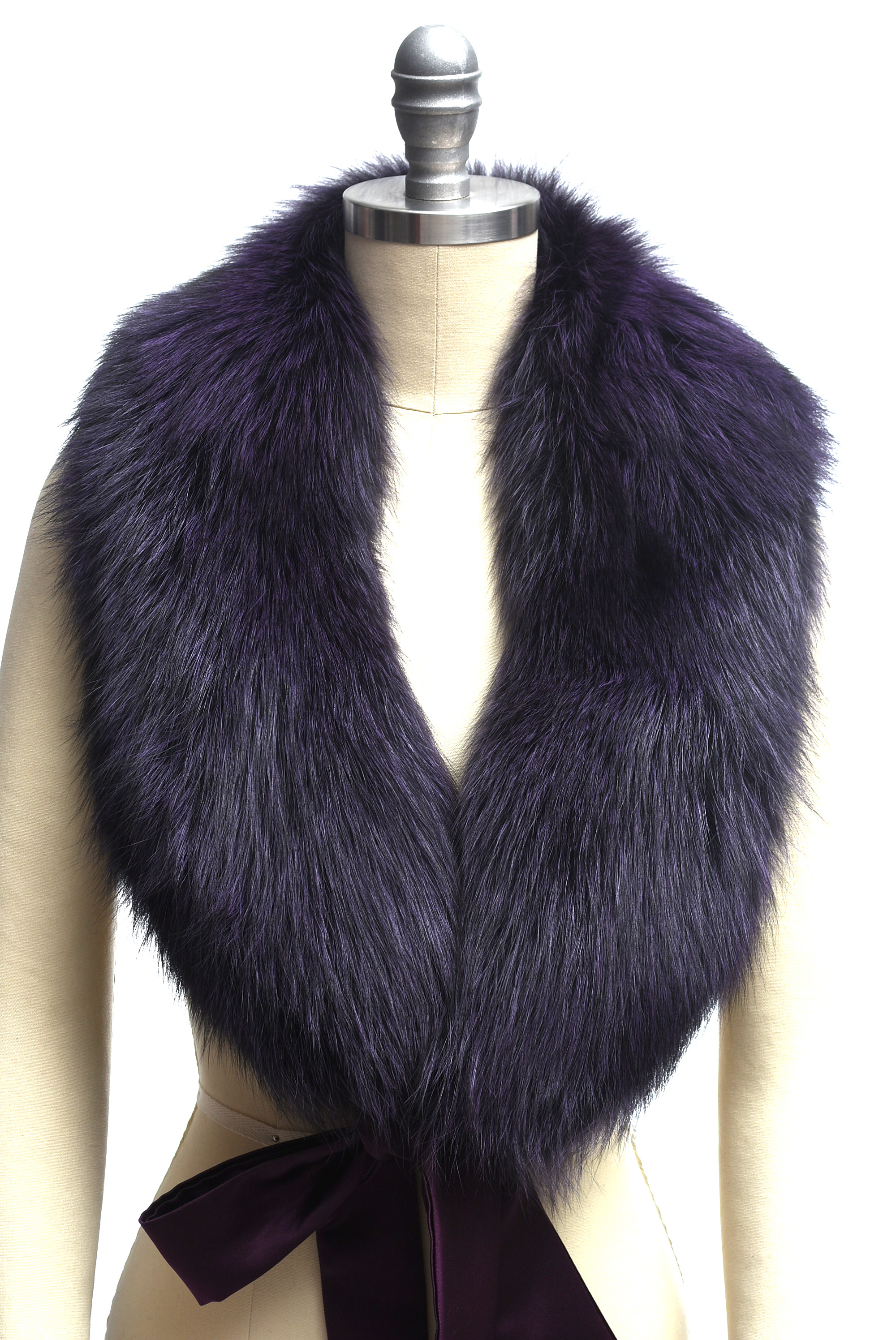 Adrienne Landau Deep Plum Dyed Fox Fur Shawl Collar with Satin Ties