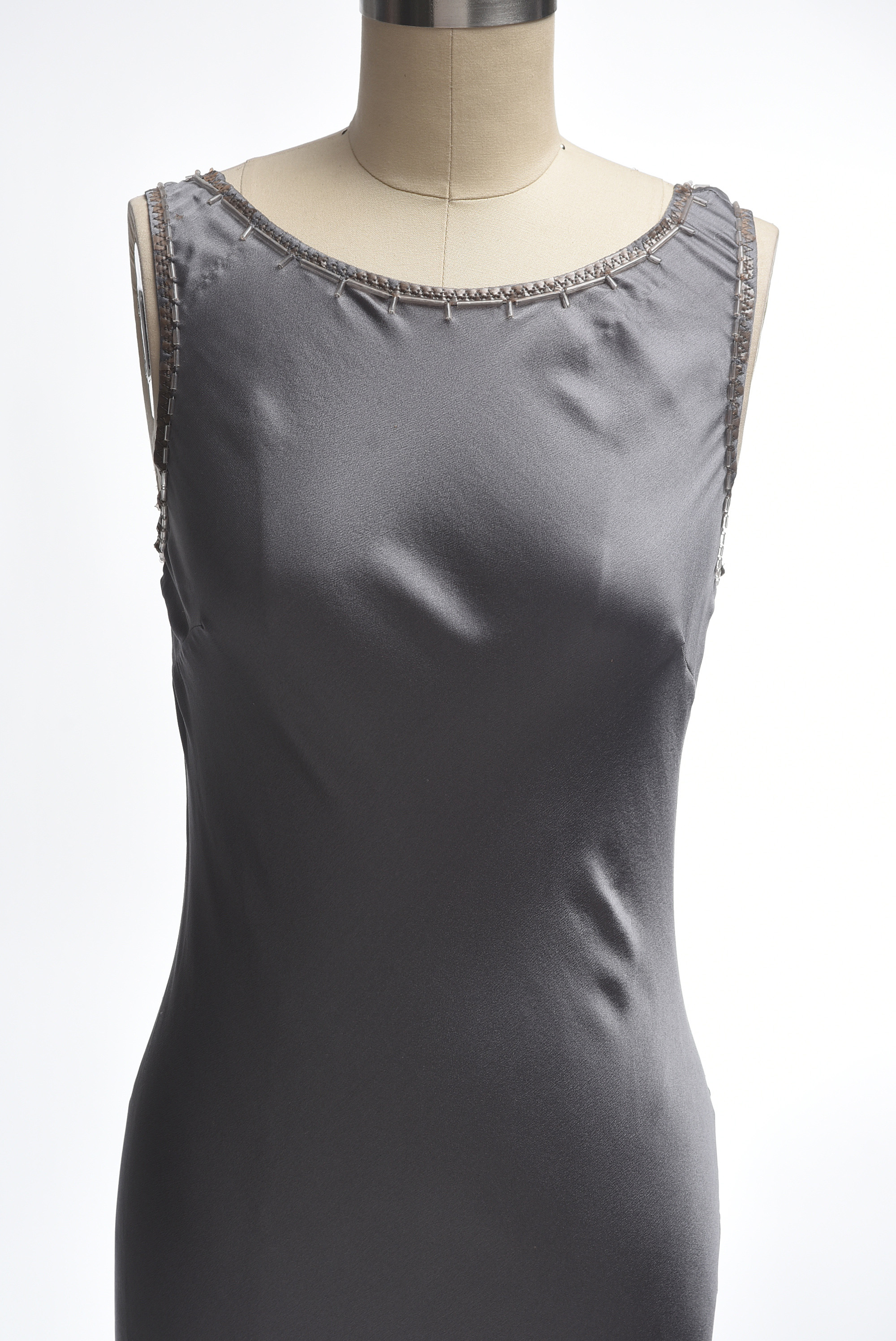 Prada Gray Silk Fit and Flare Sleeveless Dress Embellished with Glass Beads