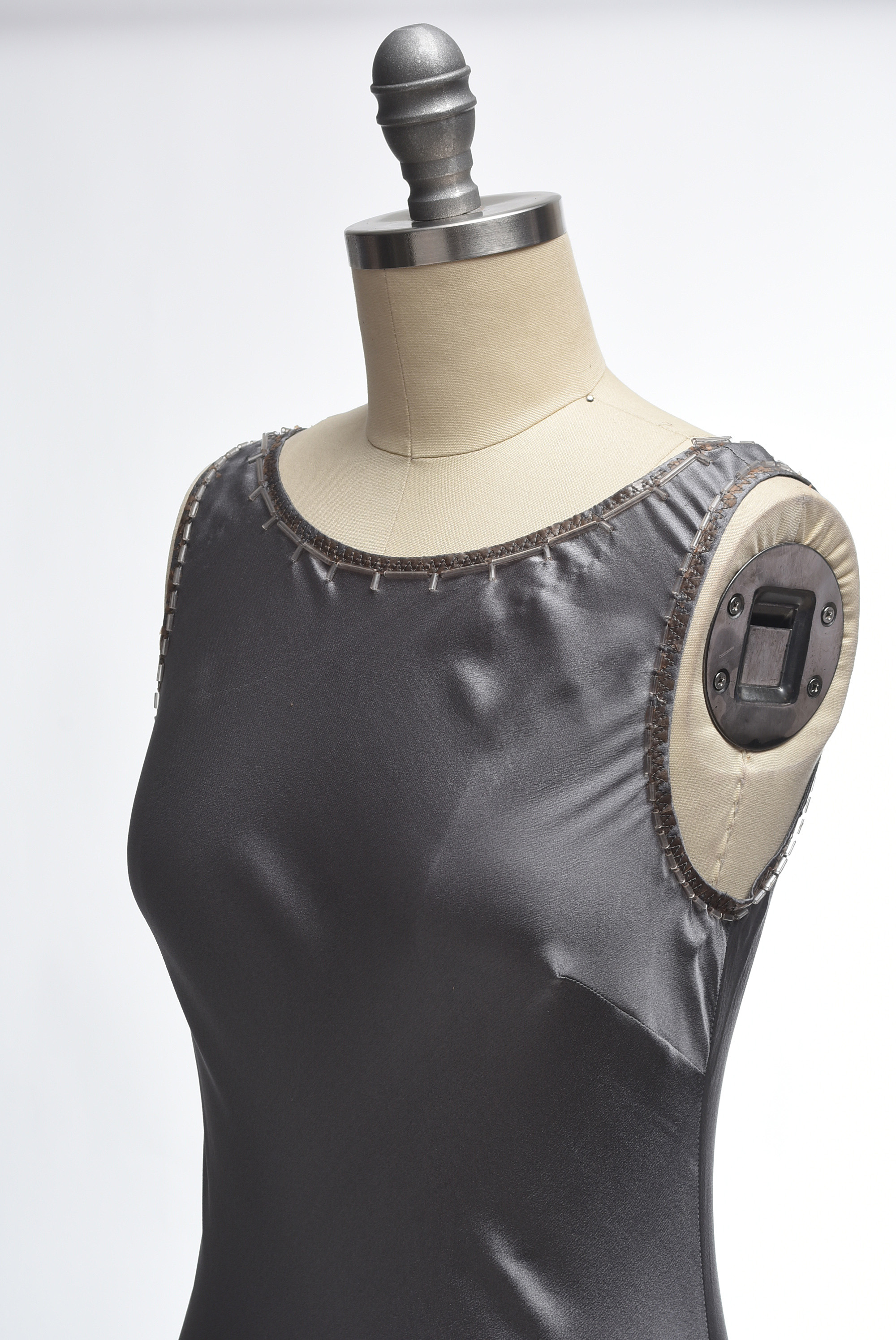 Prada Gray Silk Fit and Flare Sleeveless Dress Embellished with Glass Beads