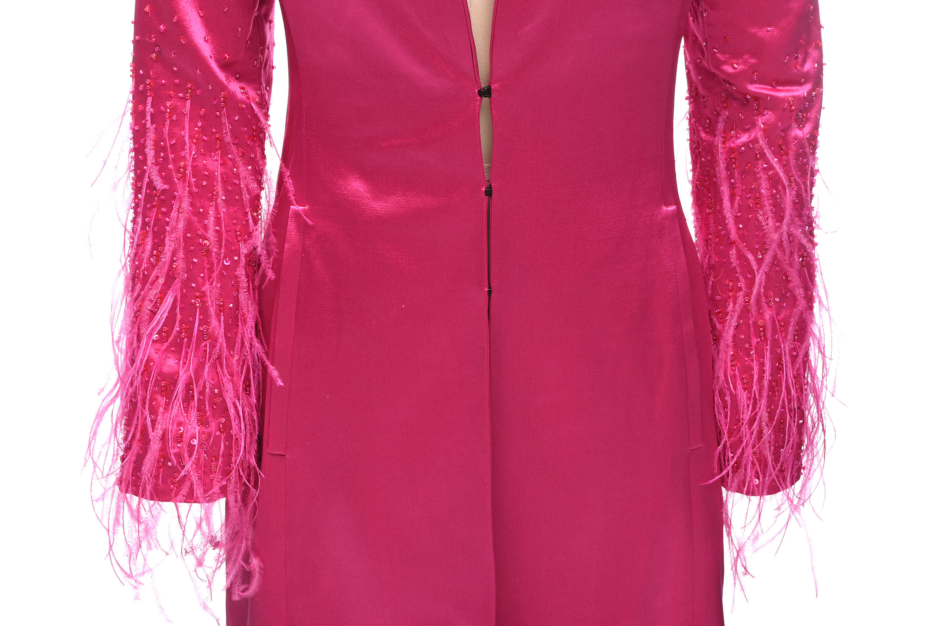 Escada Fuchsia Silk Dress Coat with Ostrich Feathers And Beading