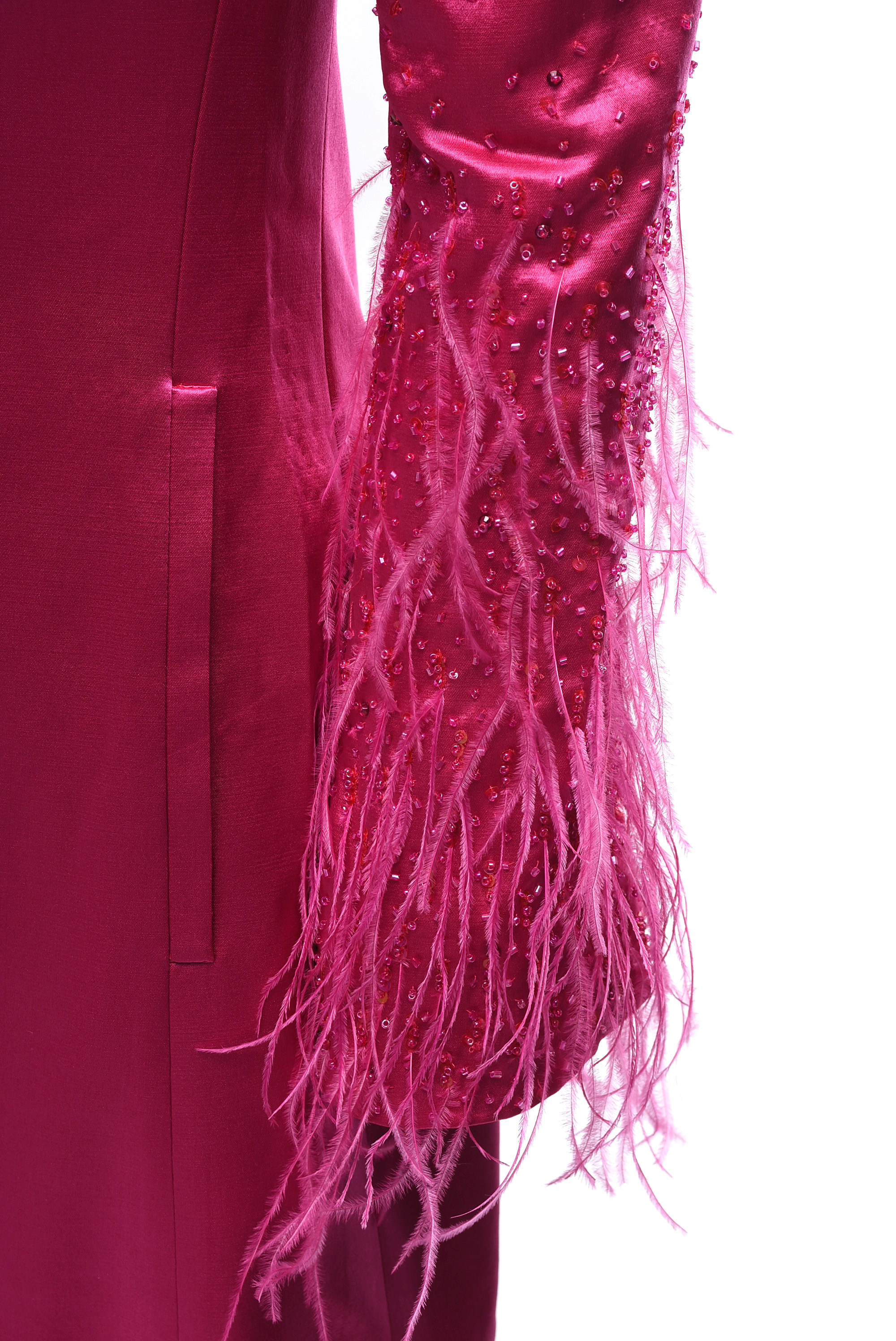 Escada Fuchsia Silk Dress Coat with Ostrich Feathers And Beading