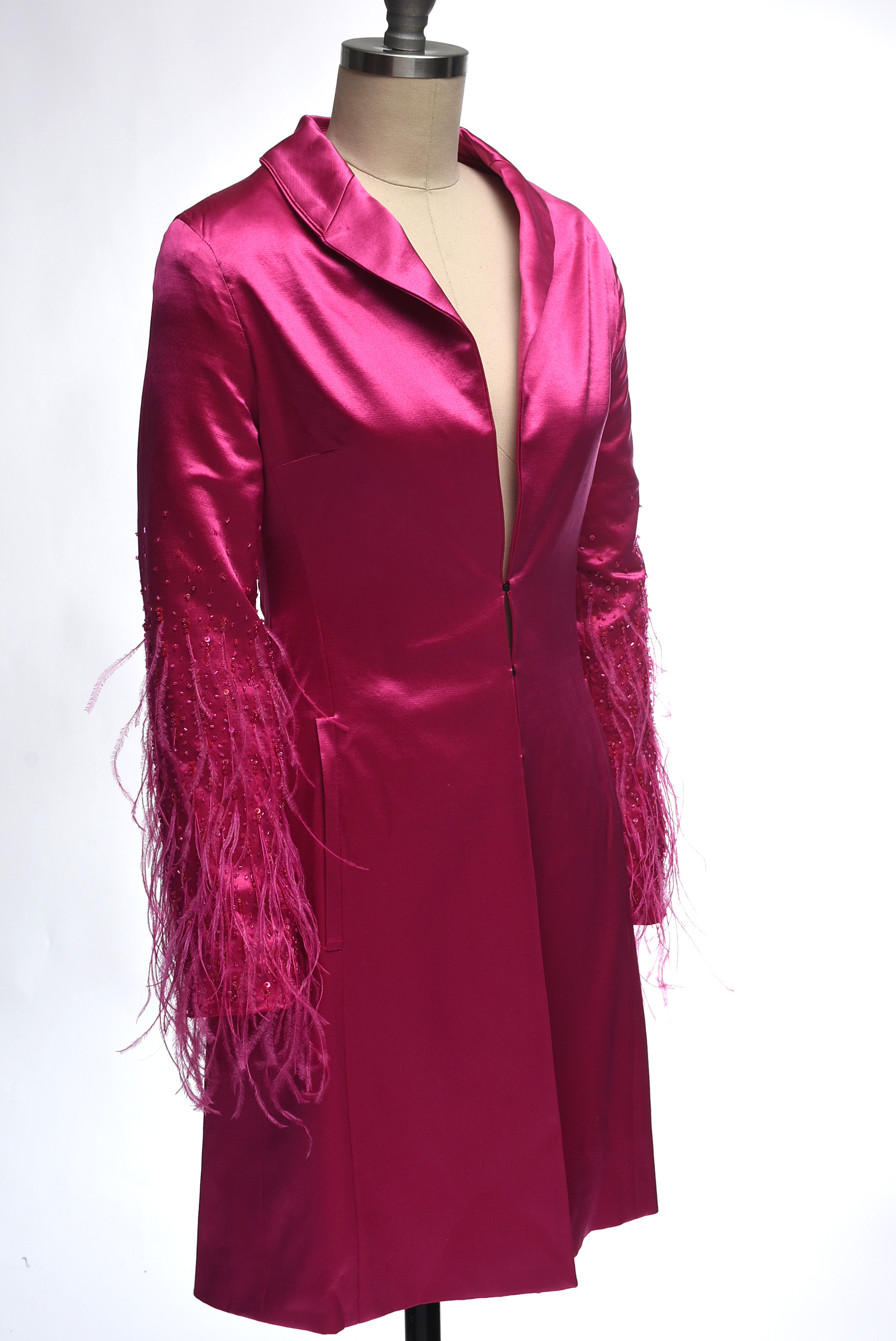 Escada Fuchsia Silk Dress Coat with Ostrich Feathers And Beading