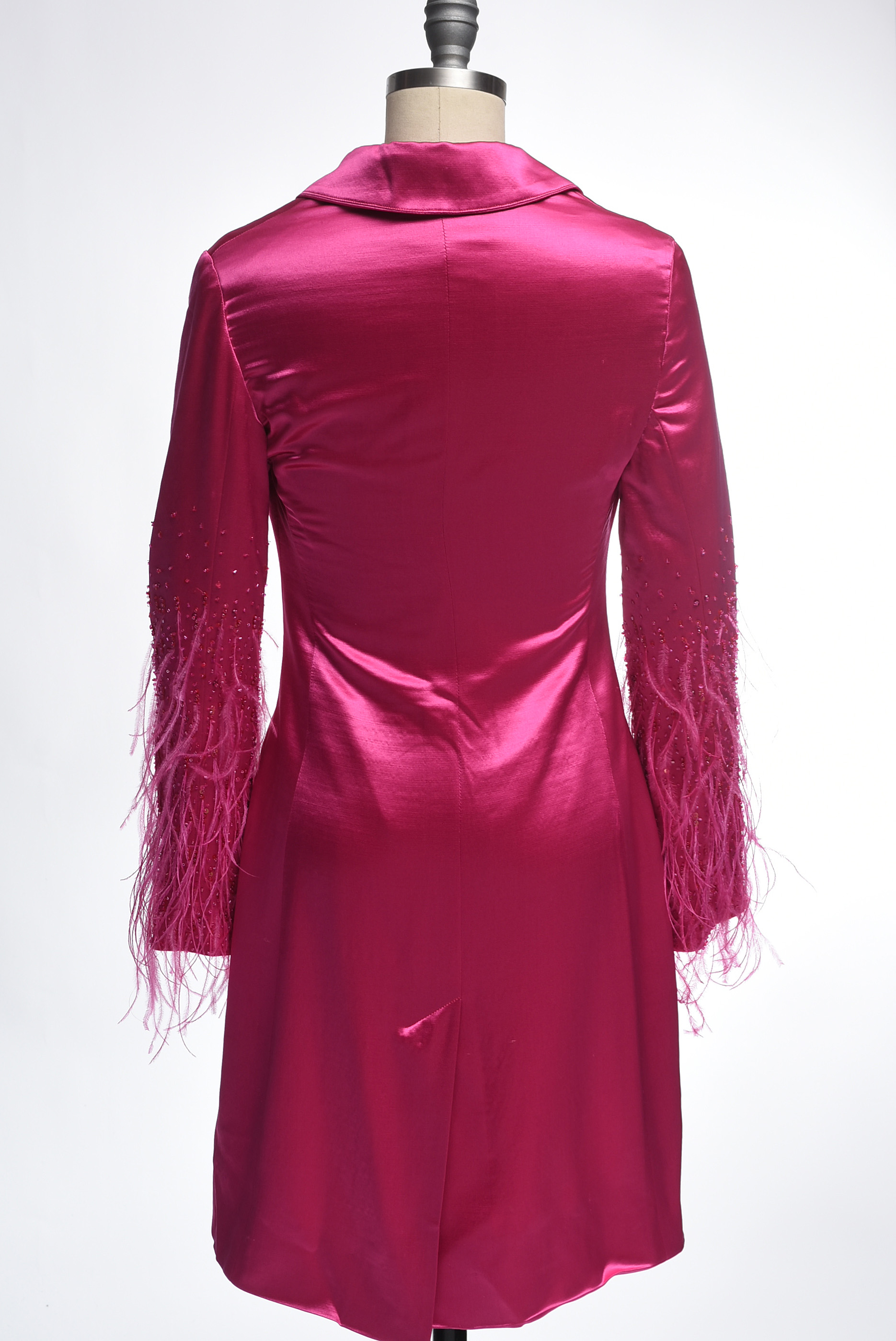 Escada Fuchsia Silk Dress Coat with Ostrich Feathers And Beading