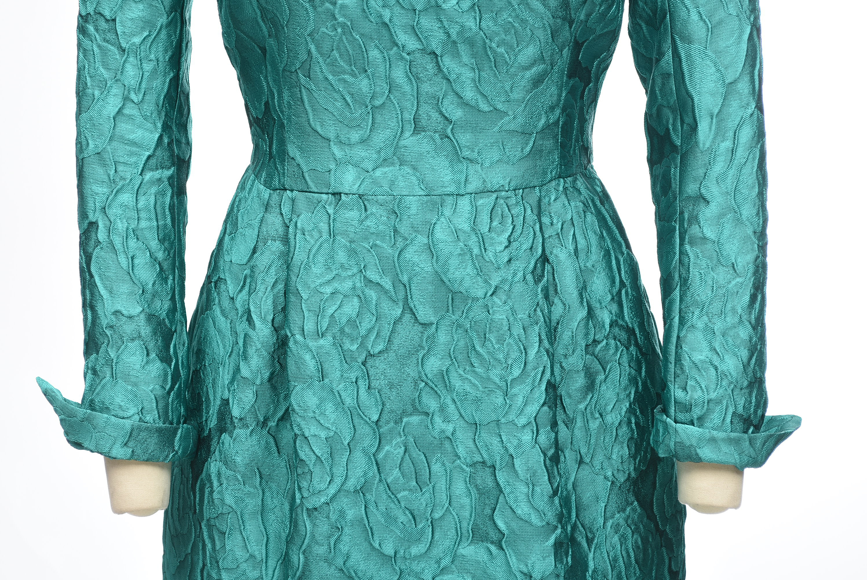 Carolina Herrera Turquoise Long Sleeve Mini Dress in a Textured Rose Motif