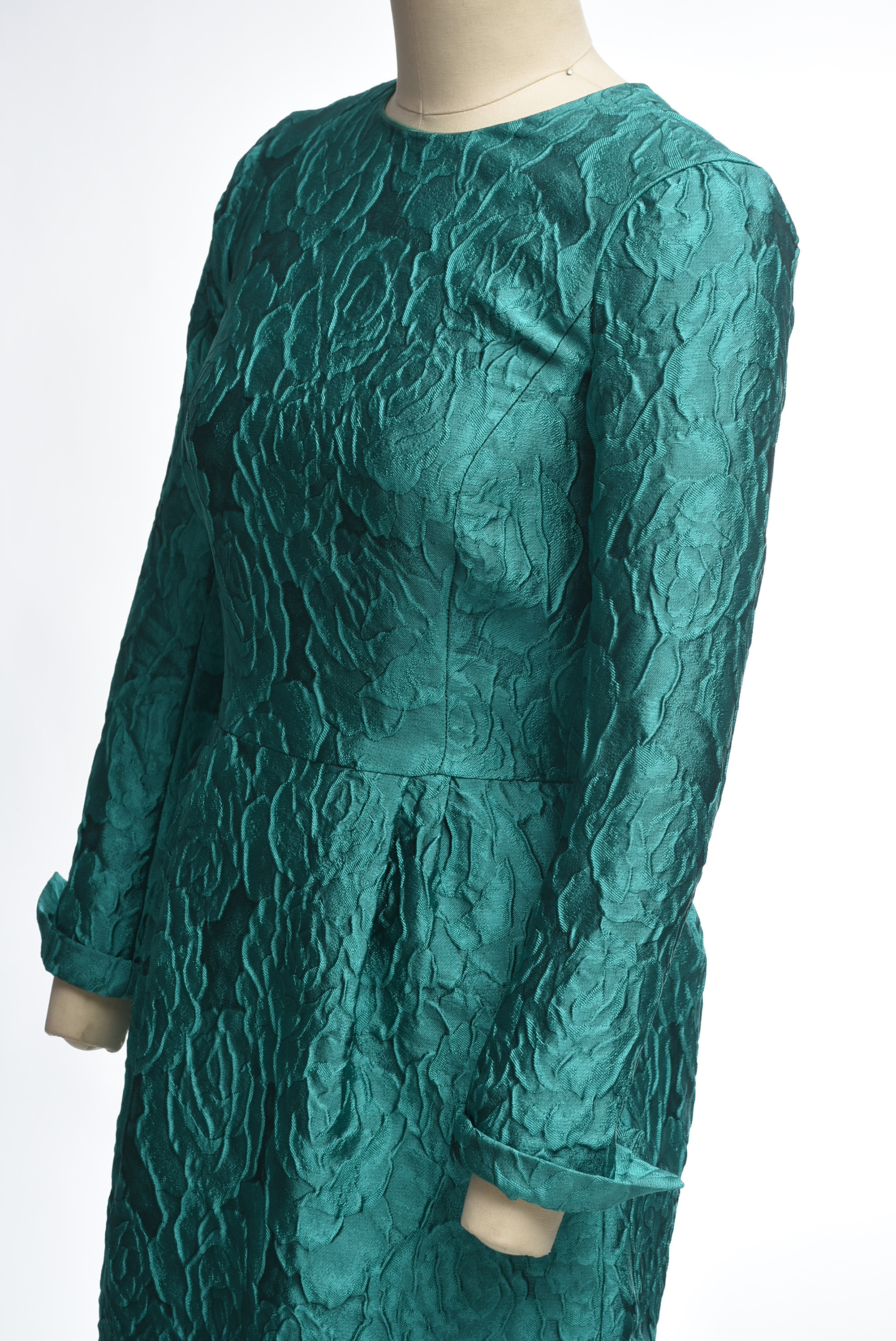 Carolina Herrera Turquoise Long Sleeve Mini Dress in a Textured Rose Motif