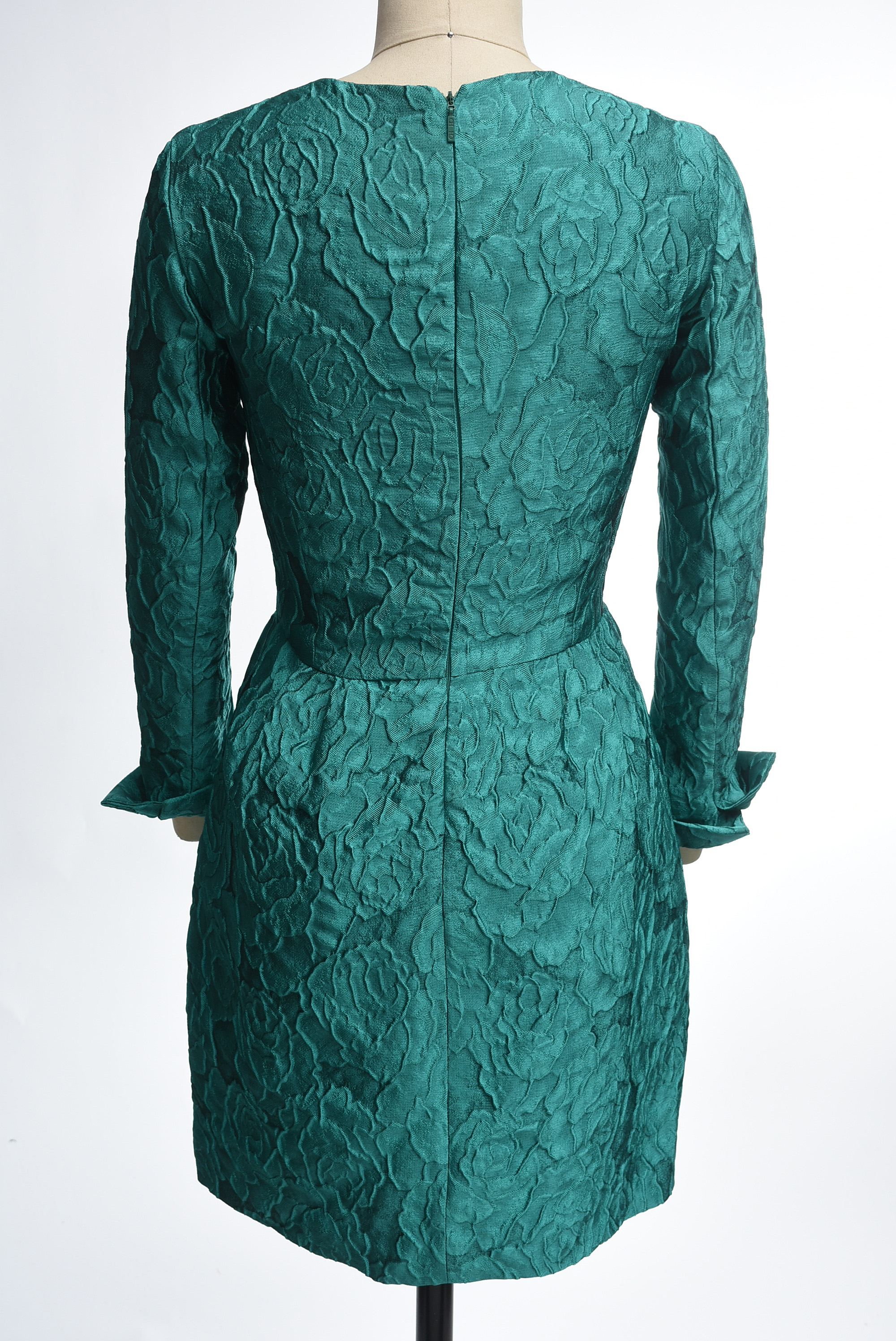 Carolina Herrera Turquoise Long Sleeve Mini Dress in a Textured Rose Motif