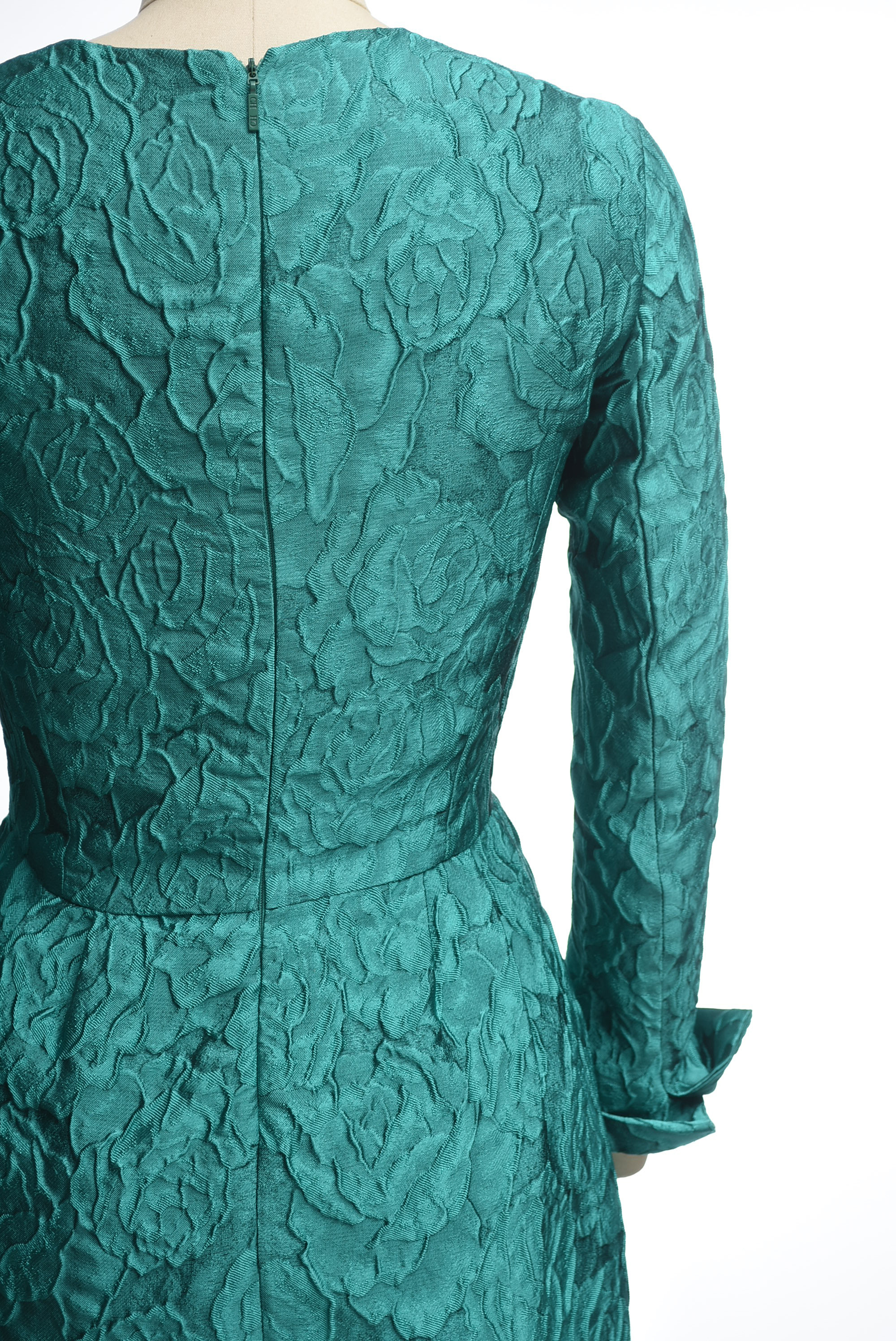 Carolina Herrera Turquoise Long Sleeve Mini Dress in a Textured Rose Motif