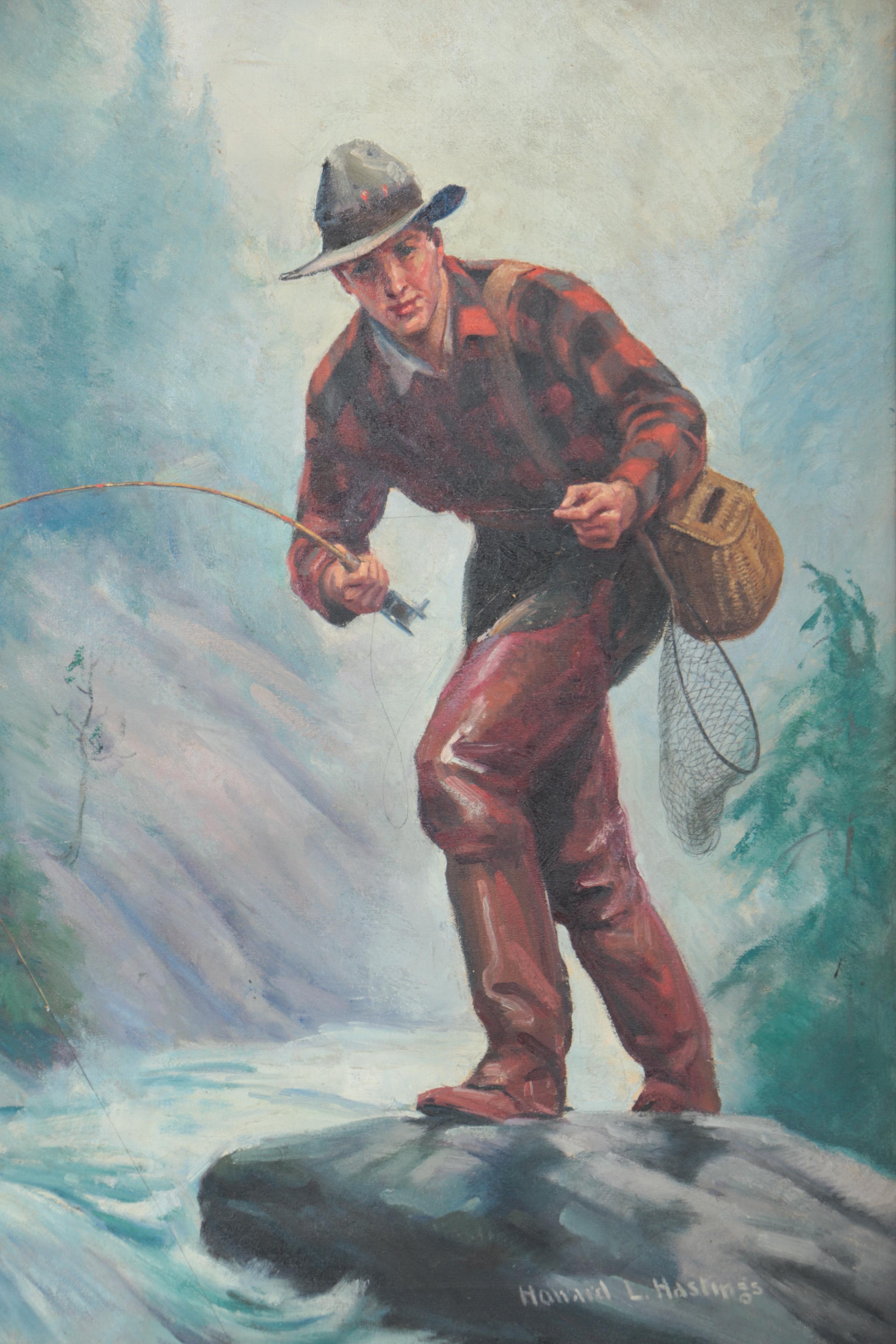 Howard L. Hastings Oil Illustration on Canvas of a Fisherman