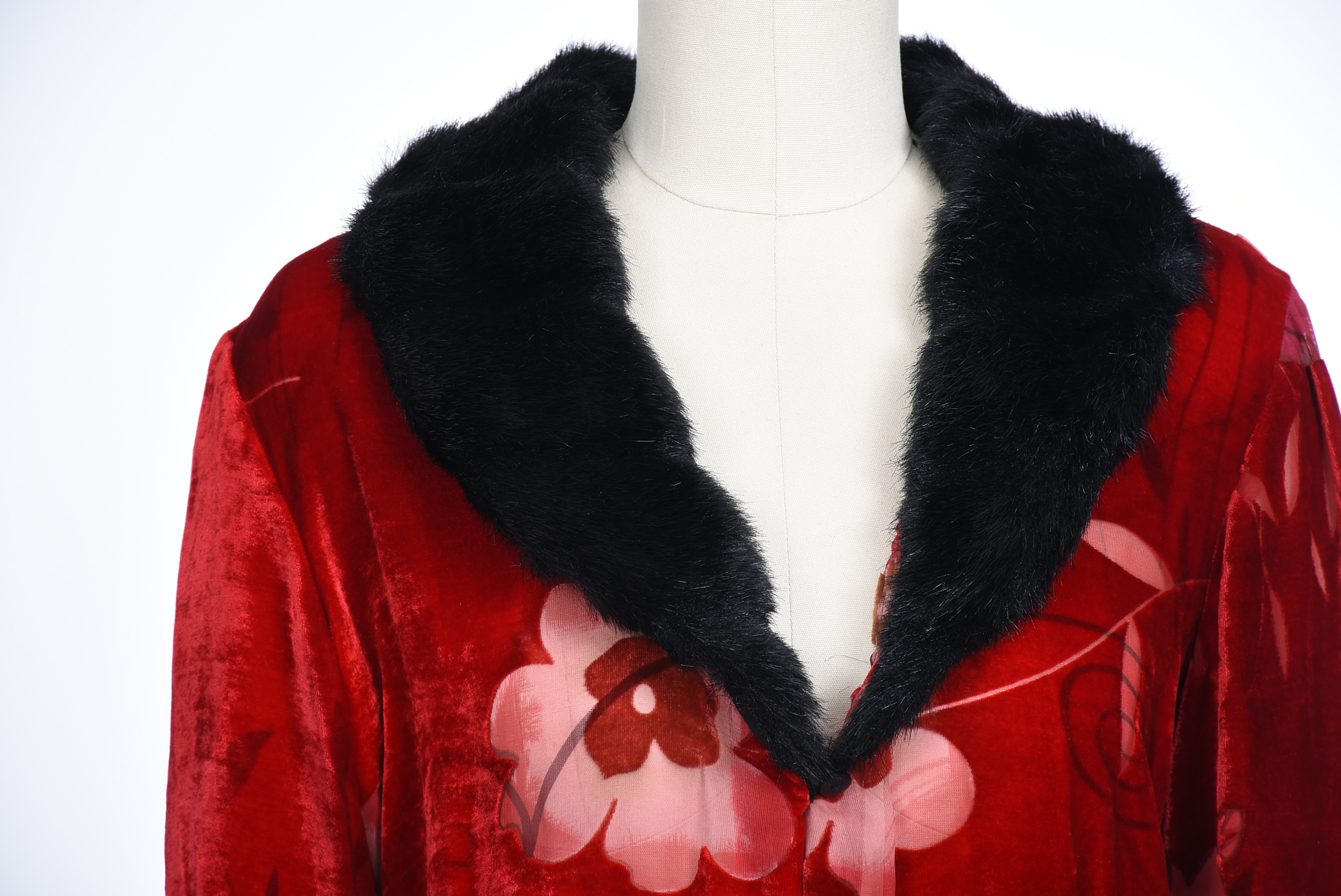 Jenny Helene Red Velvet and Faux Fur Duster Coat in Art Deco Inspired Design