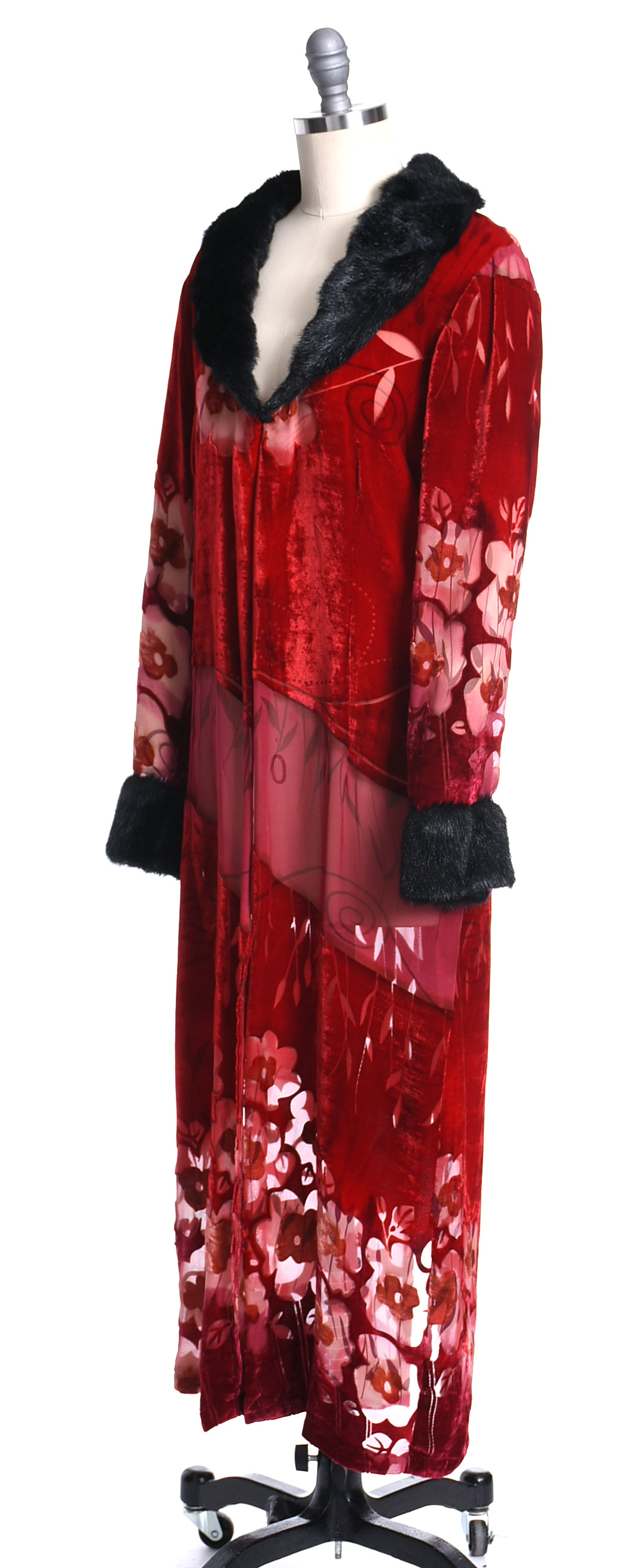 Jenny Helene Red Velvet and Faux Fur Duster Coat in Art Deco Inspired Design
