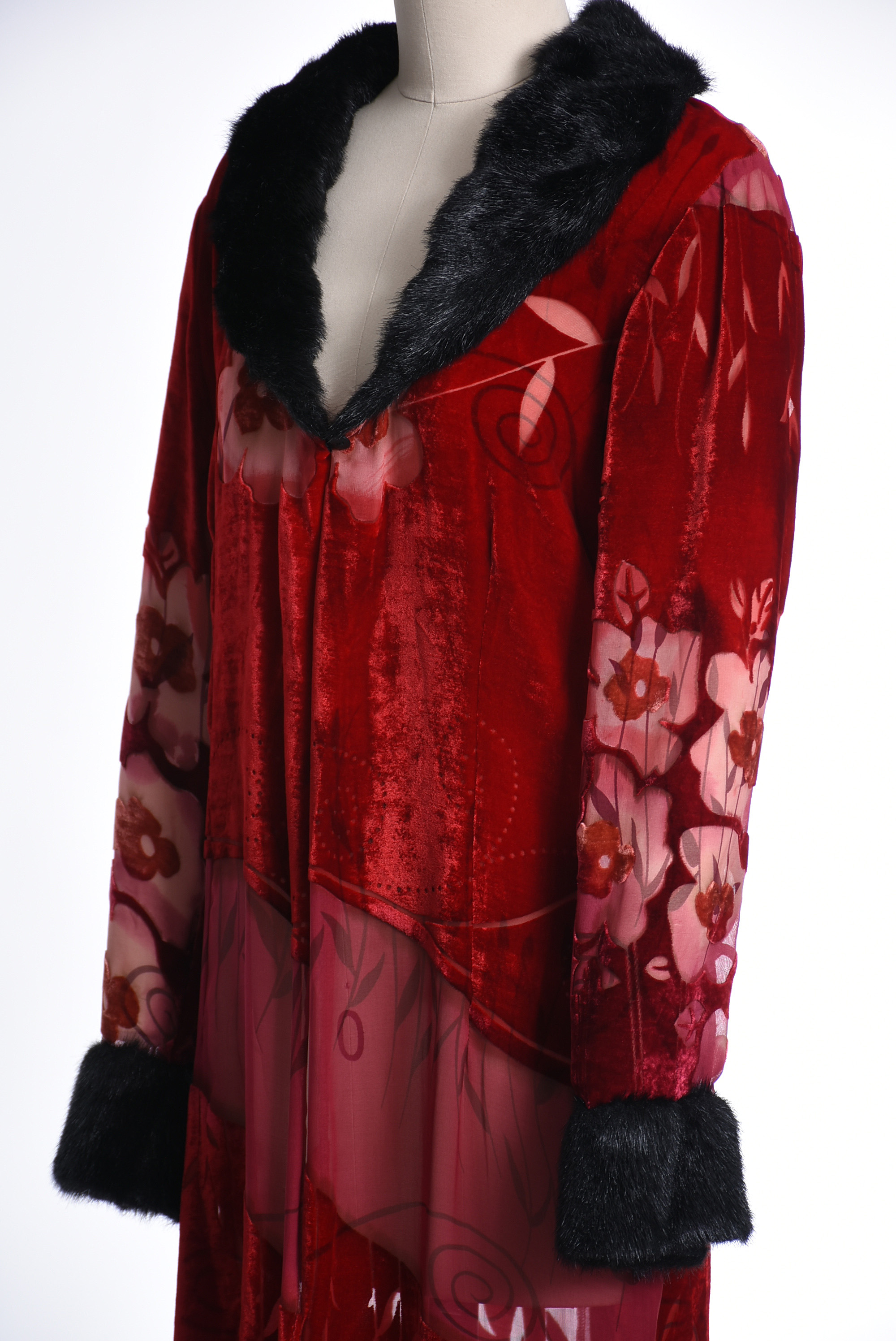 Jenny Helene Red Velvet and Faux Fur Duster Coat in Art Deco Inspired Design