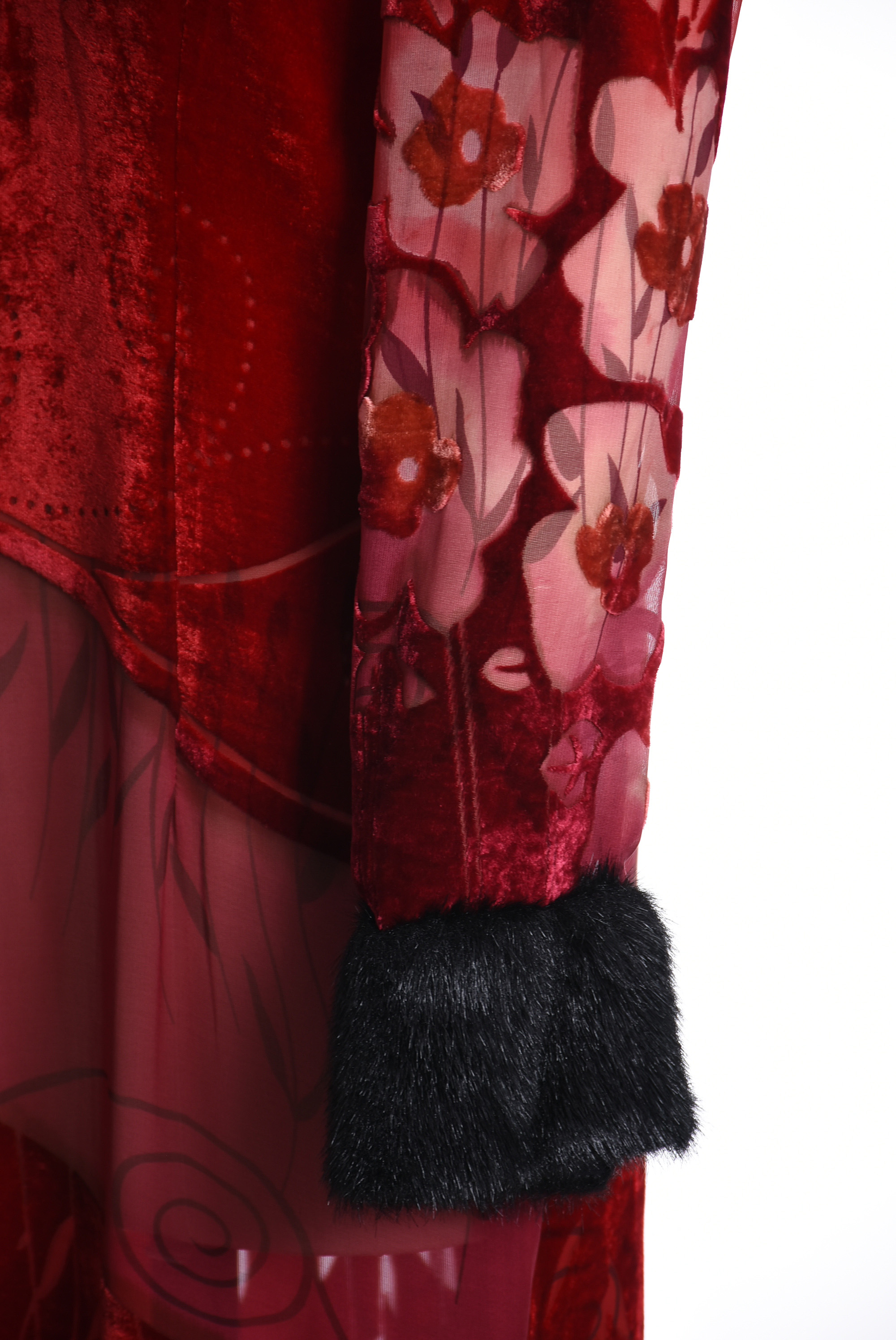 Jenny Helene Red Velvet and Faux Fur Duster Coat in Art Deco Inspired Design