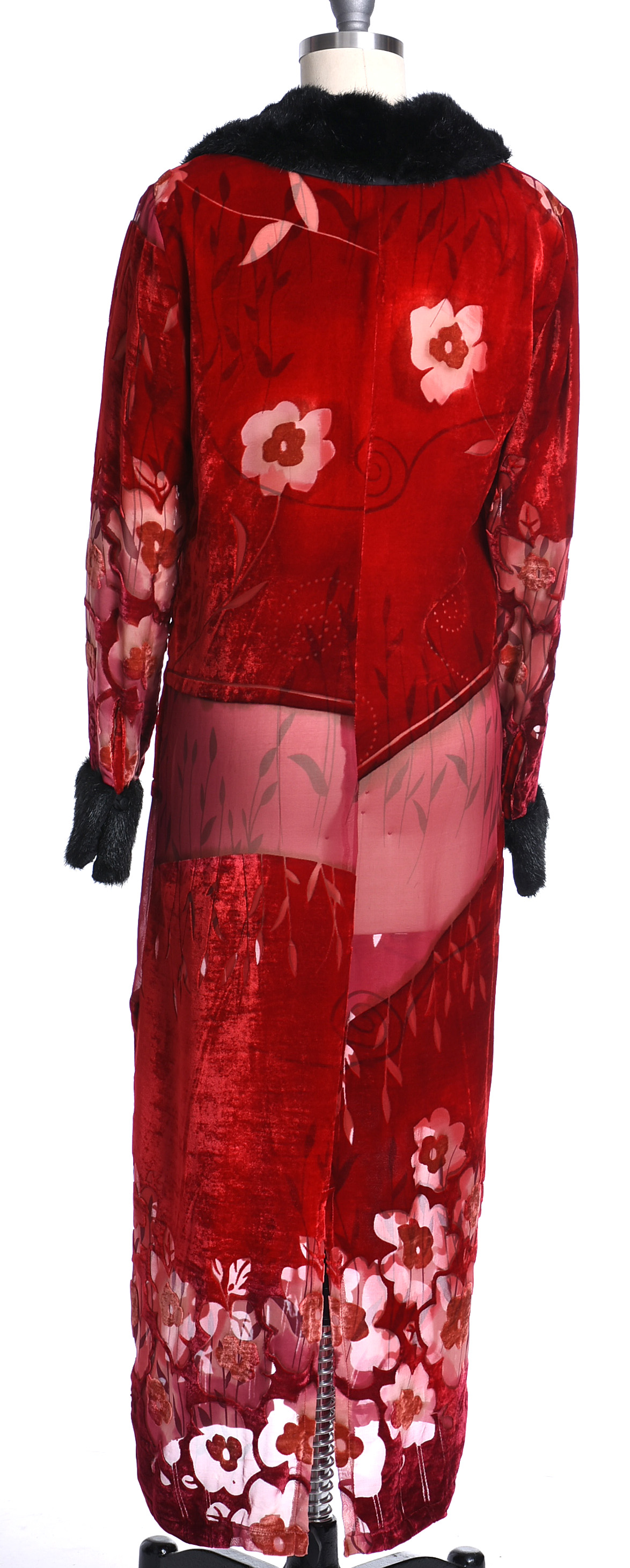 Jenny Helene Red Velvet and Faux Fur Duster Coat in Art Deco Inspired Design