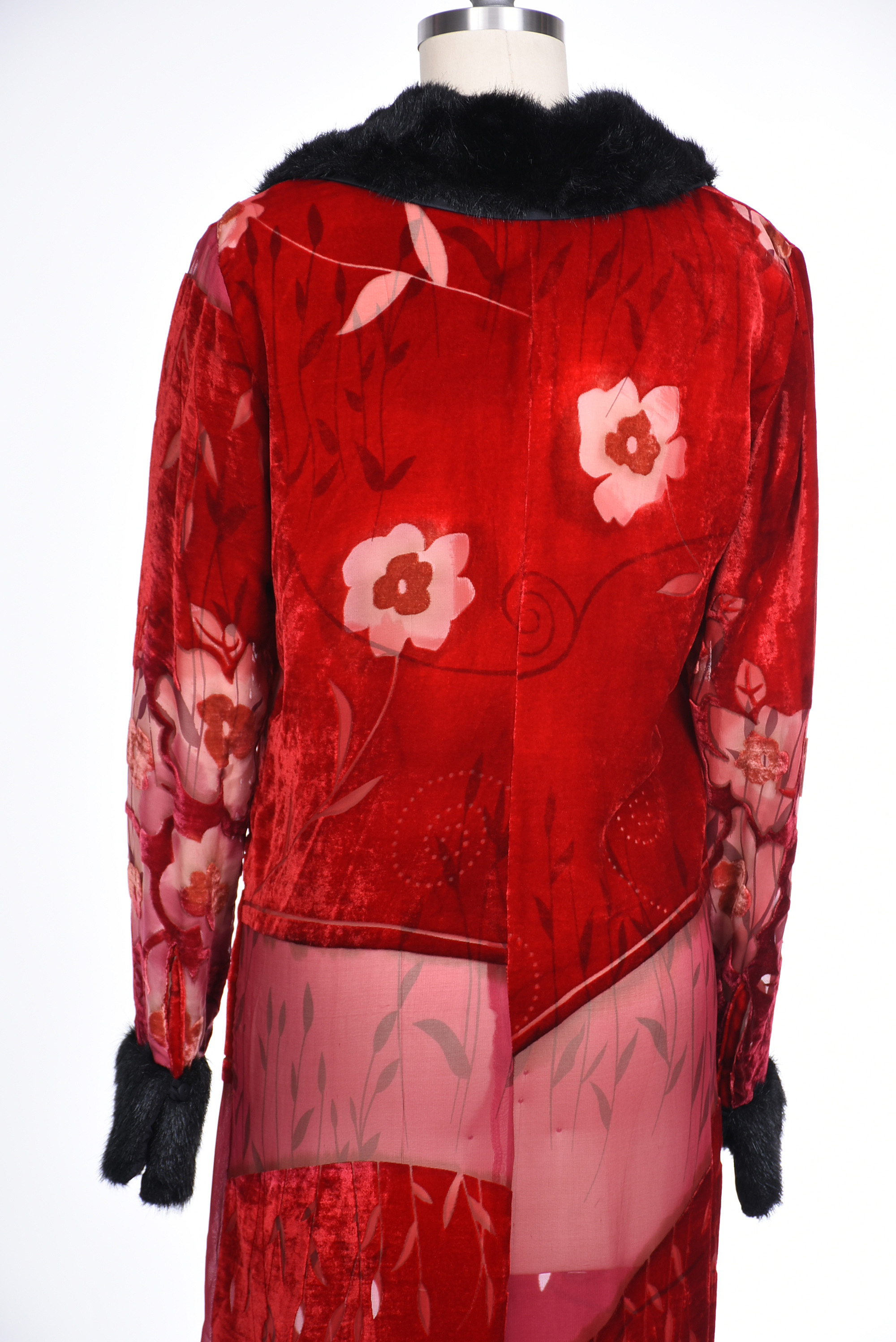 Jenny Helene Red Velvet and Faux Fur Duster Coat in Art Deco Inspired Design