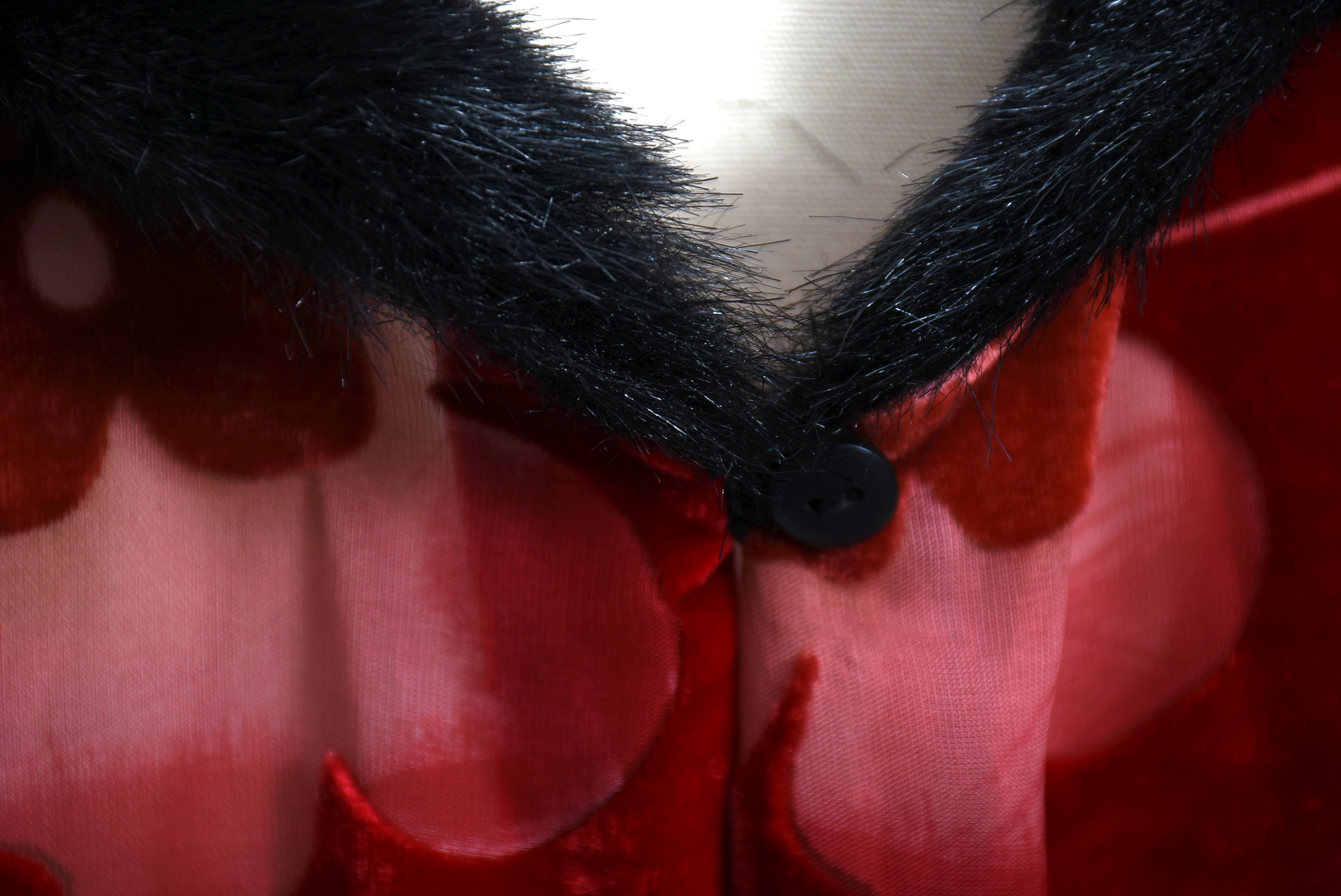 Jenny Helene Red Velvet and Faux Fur Duster Coat in Art Deco Inspired Design