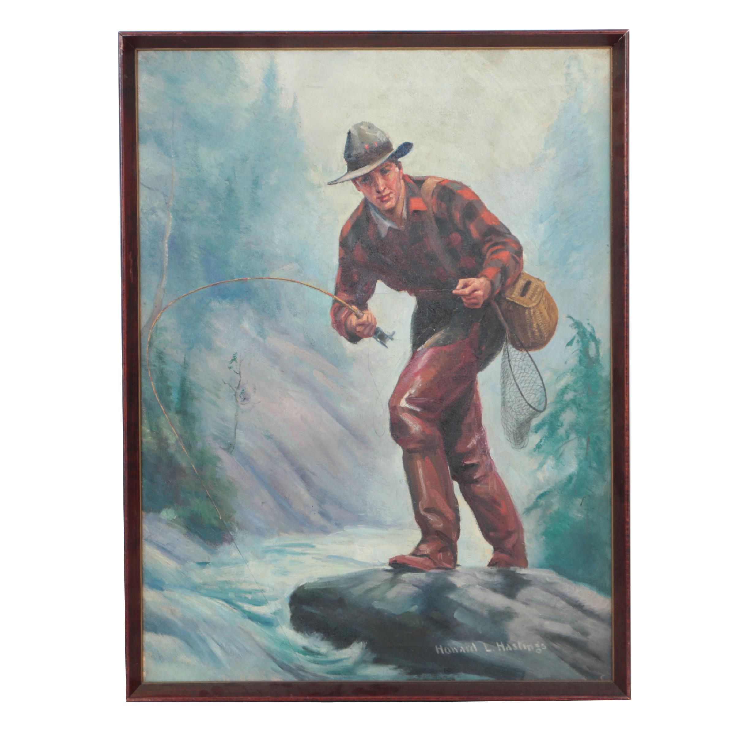 Howard L. Hastings Oil Illustration on Canvas of a Fisherman