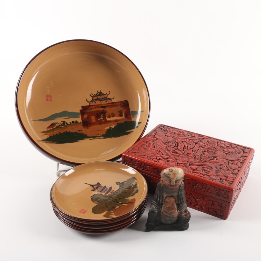 Chinese Red Lacquered Box, Hand-Painted Plates, and Carved Figurine