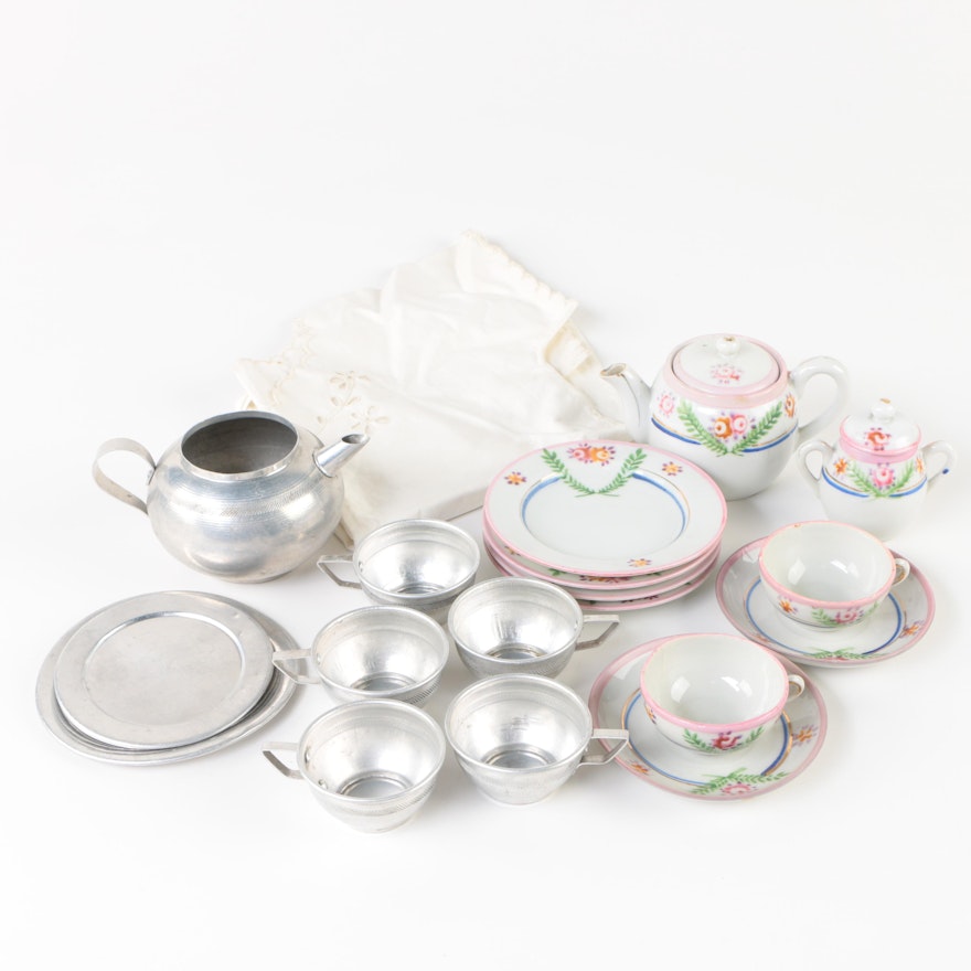 Japanese Porcelain Child's Tea Set with Tin Tea Set and Doll Dress