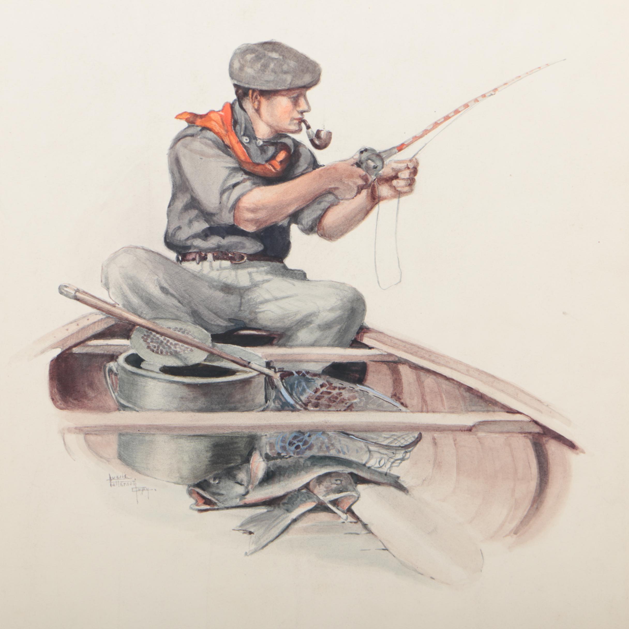 Lucile Patterson Marsh Mid 20th Century Watercolor Illustration of a Fisherman