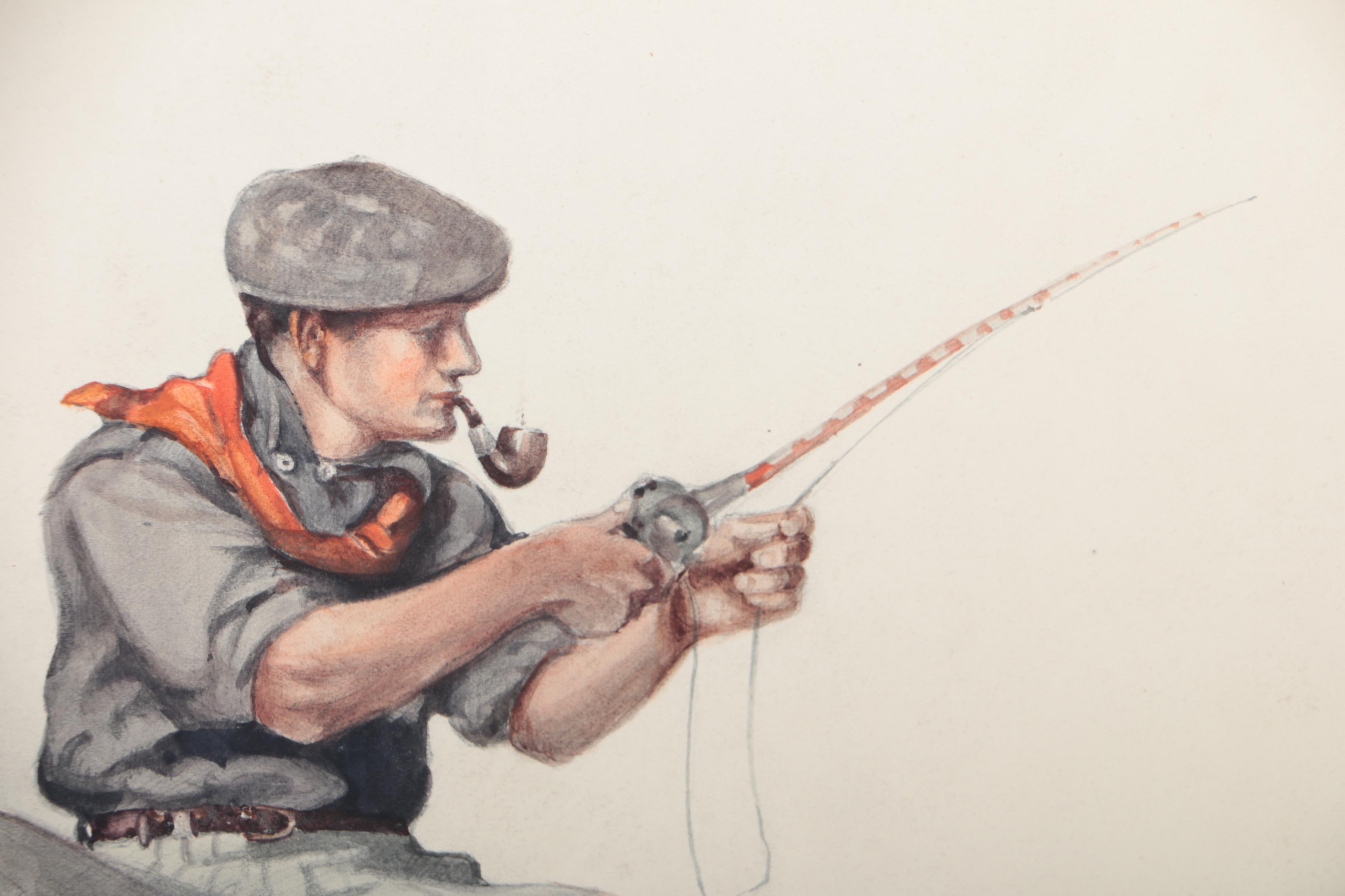 Lucile Patterson Marsh Mid 20th Century Watercolor Illustration of a Fisherman