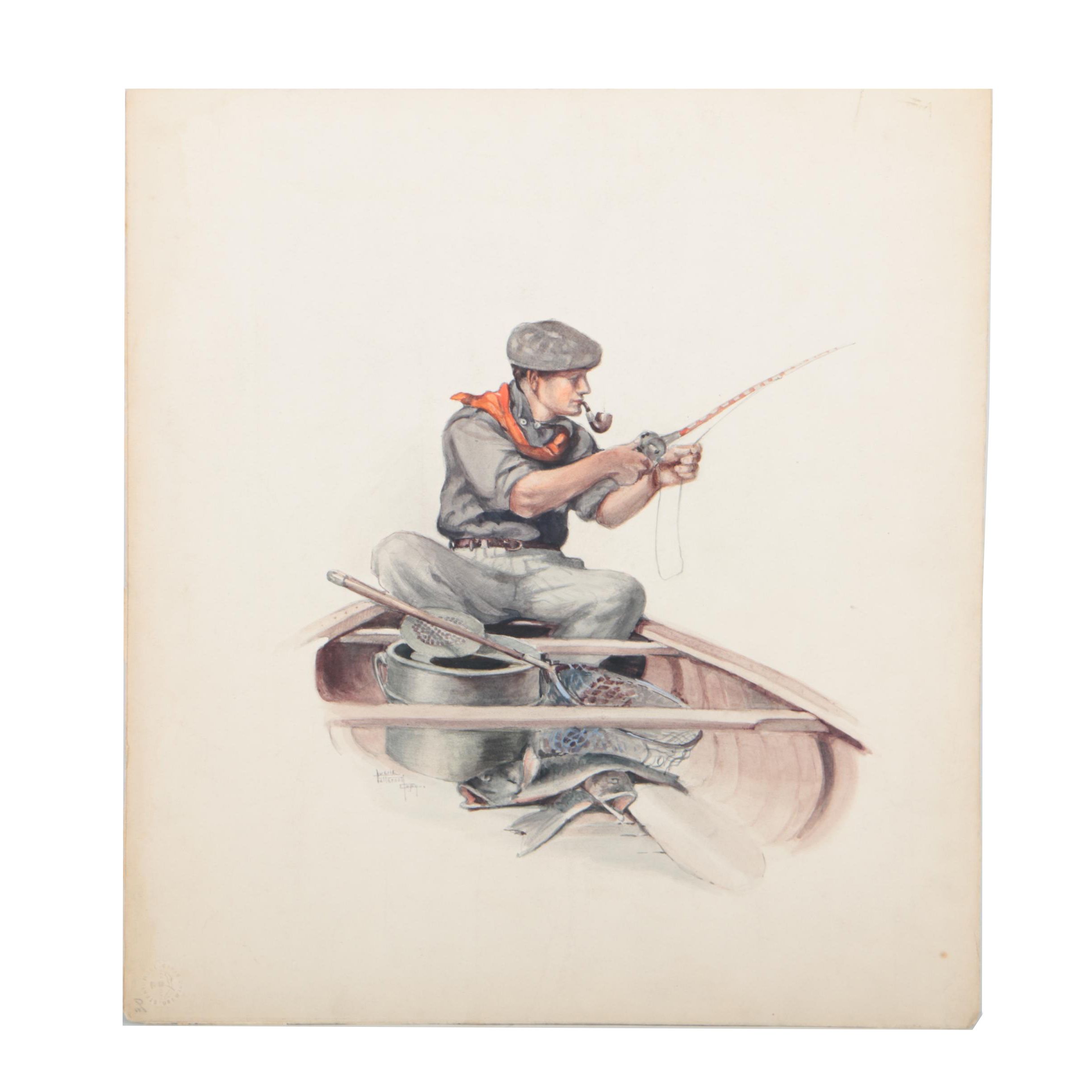 Lucile Patterson Marsh Mid 20th Century Watercolor Illustration of a Fisherman