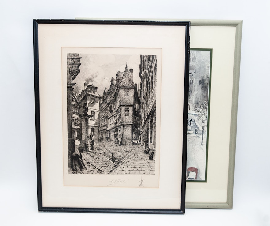 Signed Annette Versel German Etching and Marlowe Cincinnati Offset Lithograph