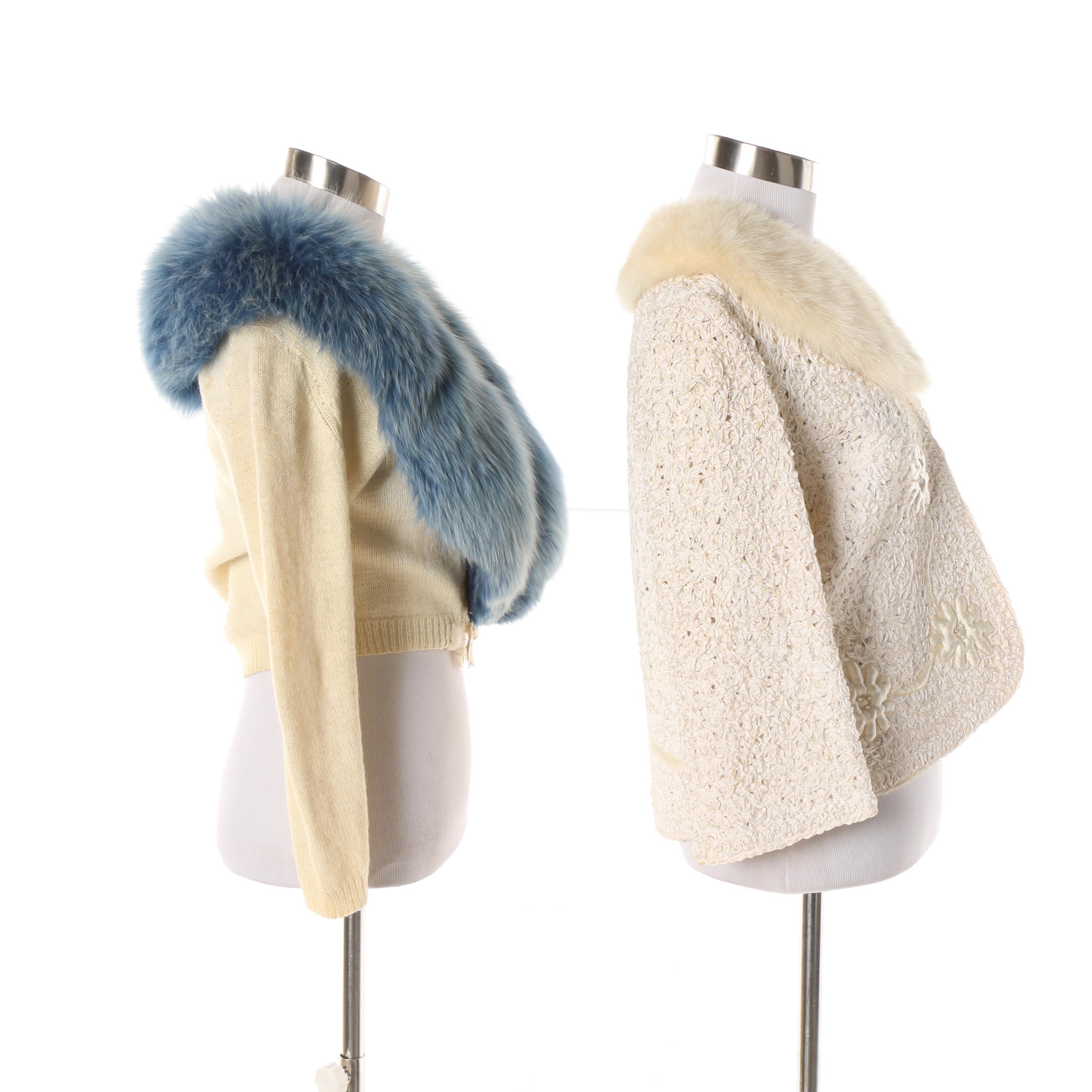1950s Cashmere and Silk Ribbon Sweaters with Dyed Fox Fur and Mink Fur Collars