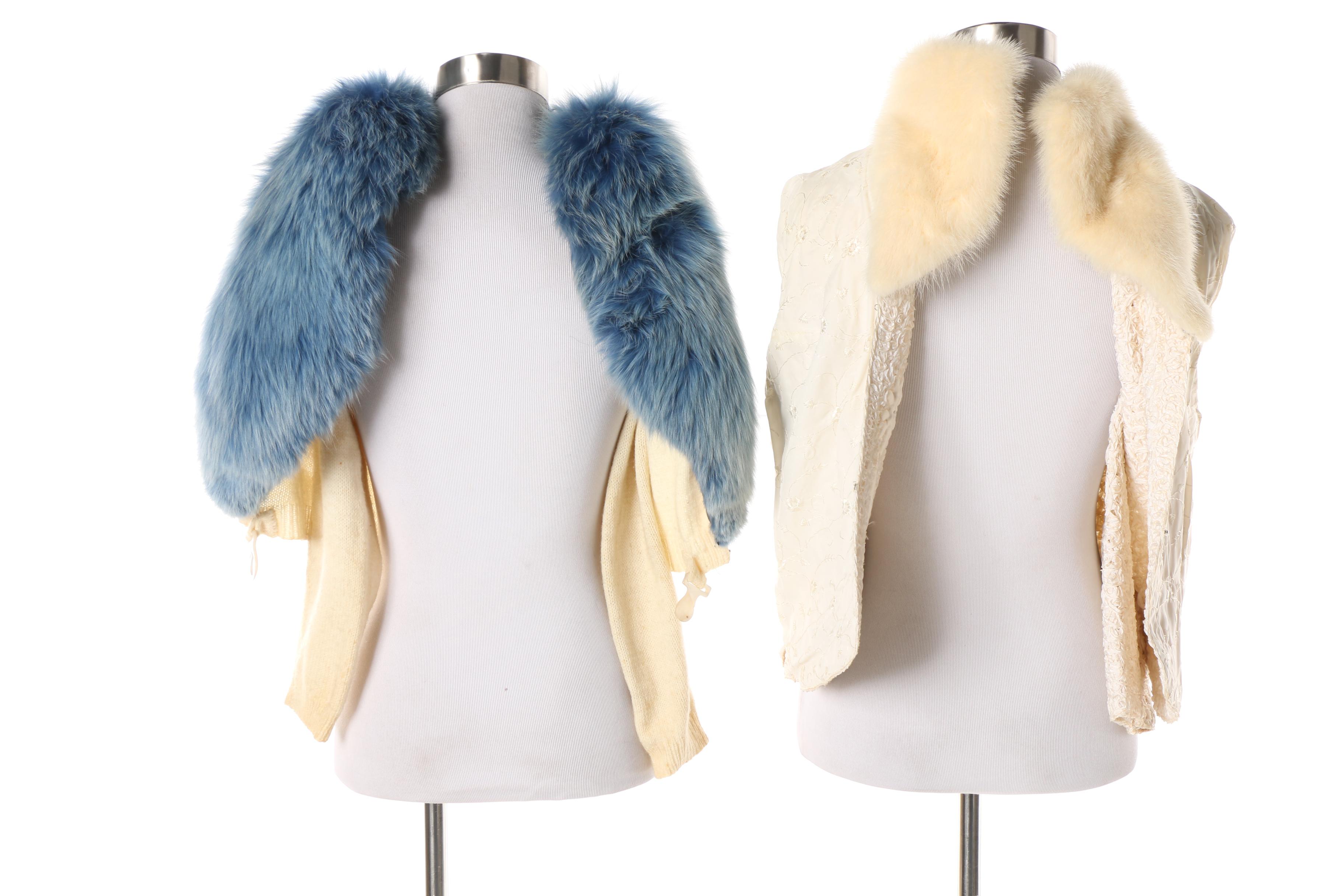 1950s Cashmere and Silk Ribbon Sweaters with Dyed Fox Fur and Mink Fur Collars
