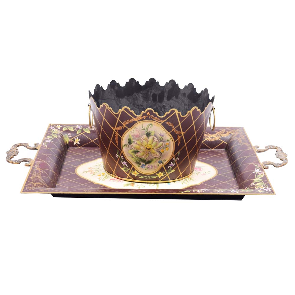 Tole Painted Jardiniere and Tray