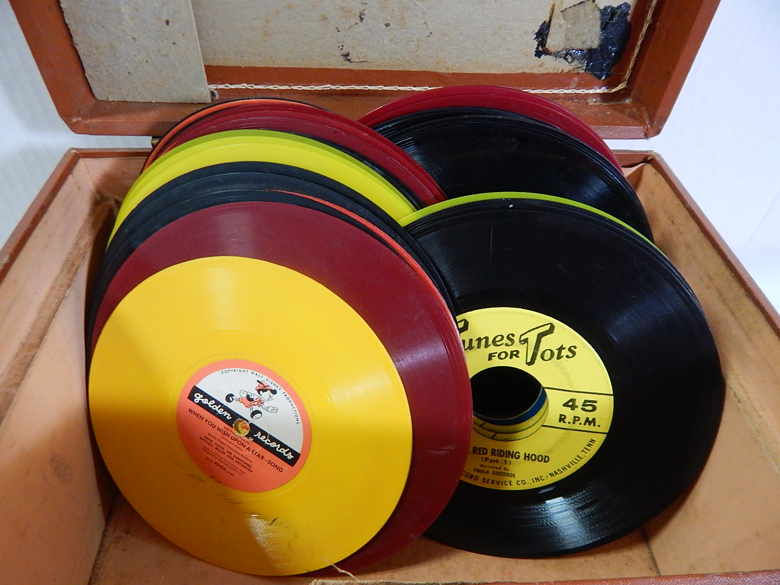 Box of Vintage 45 RPM Childrens Records with Disney