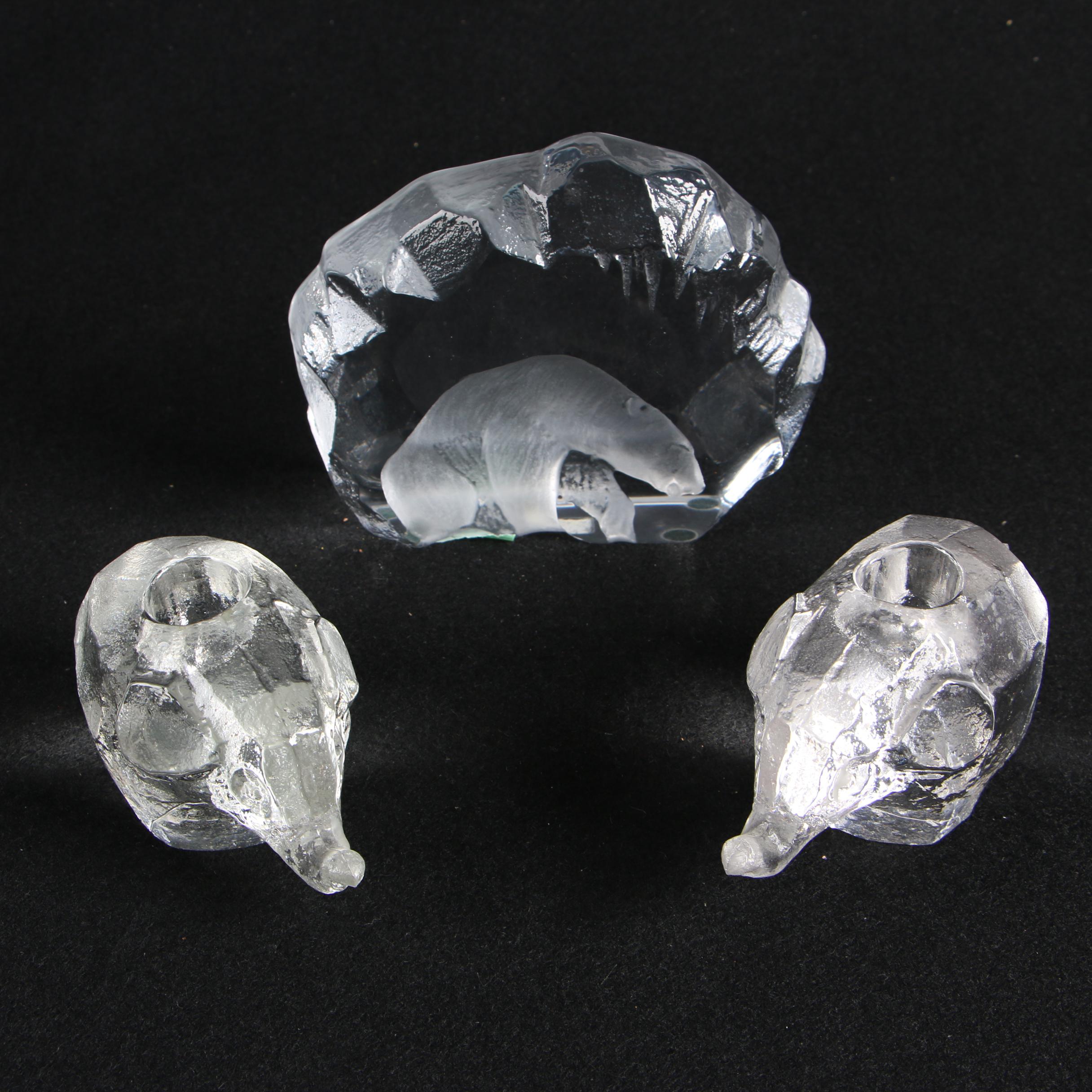 Mats Jonasson "Polar Bear" Crystal Paperweight with Glass Elephant Candlesticks