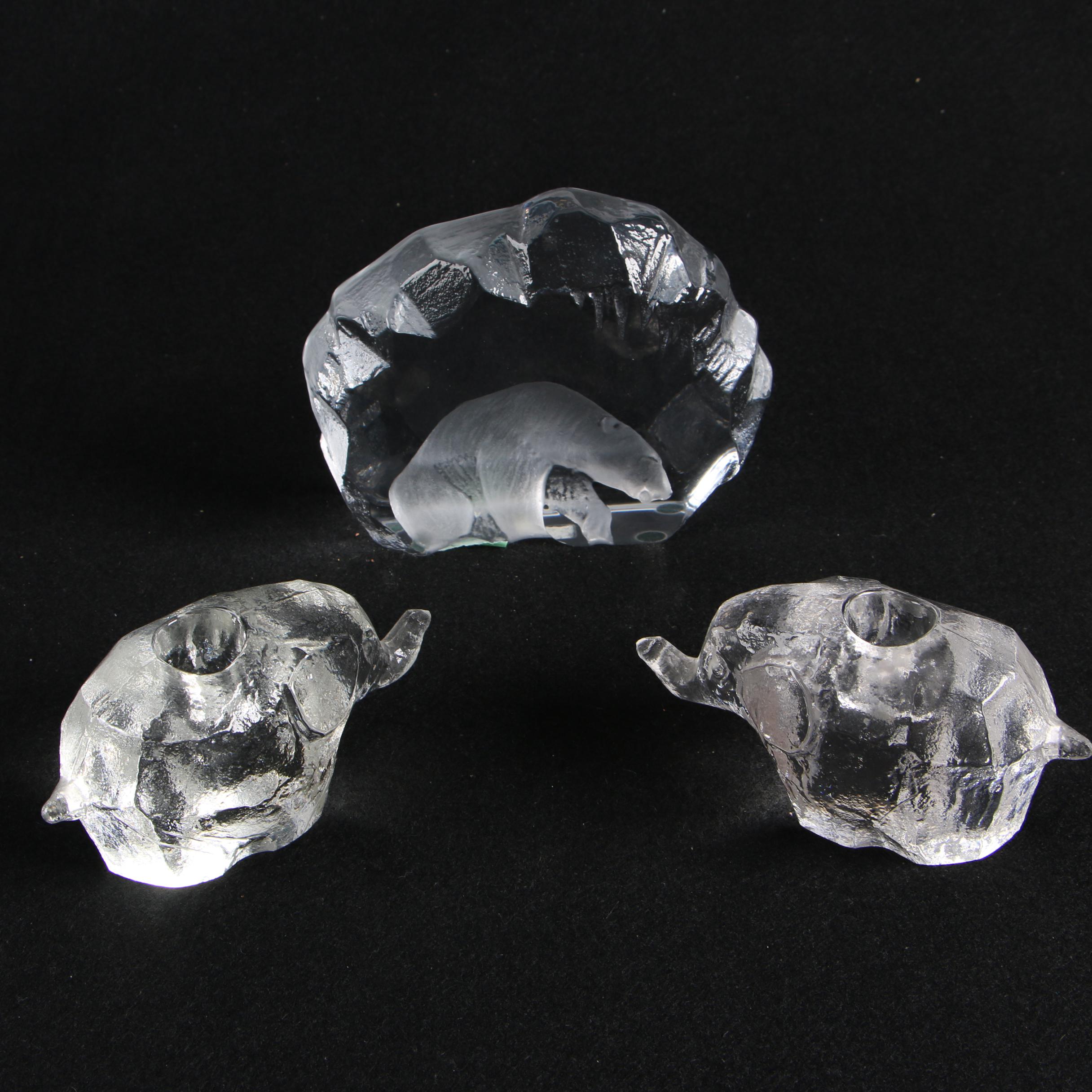 Mats Jonasson "Polar Bear" Crystal Paperweight with Glass Elephant Candlesticks