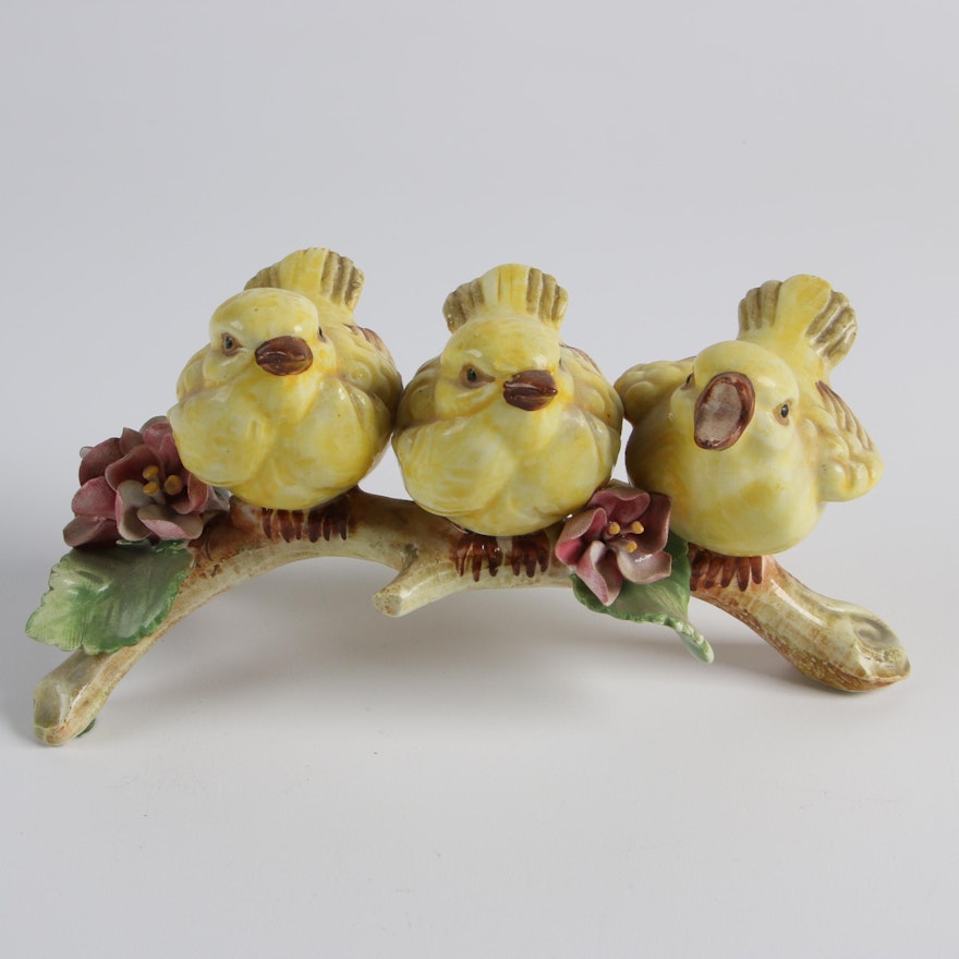 Italian Ceramic Figurine of Three Yellow Birds on Flowering Branch