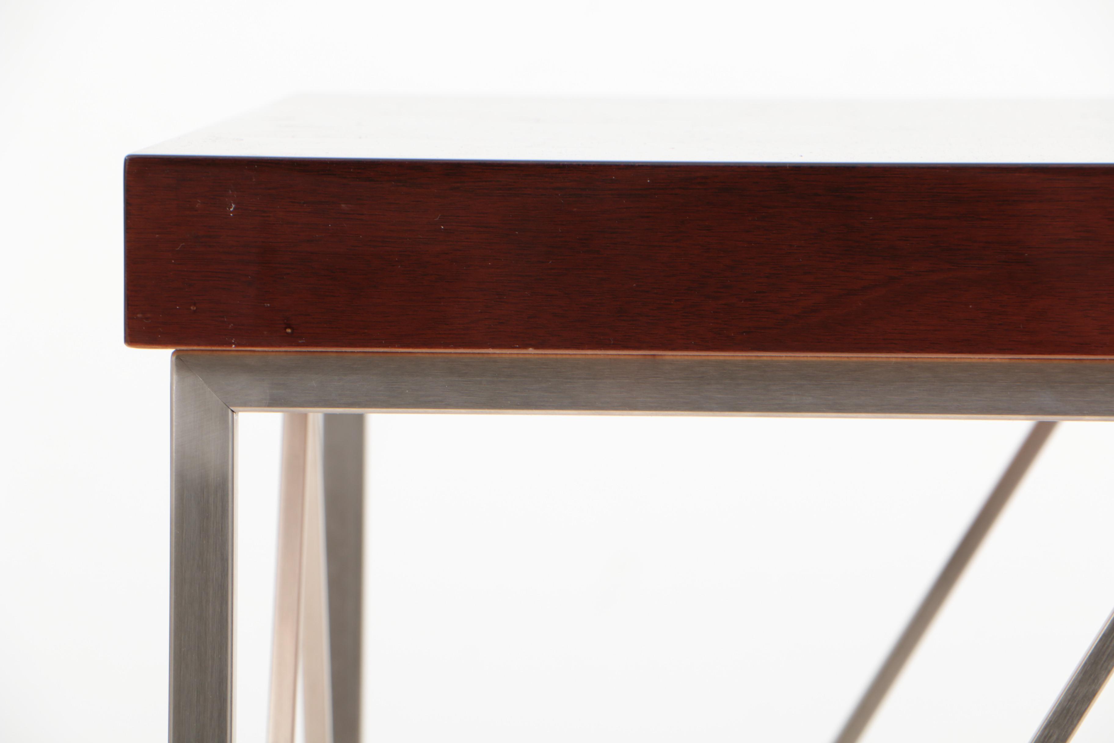 Modernist Style Walnut and Burl Walnut Side Table with Metal Base