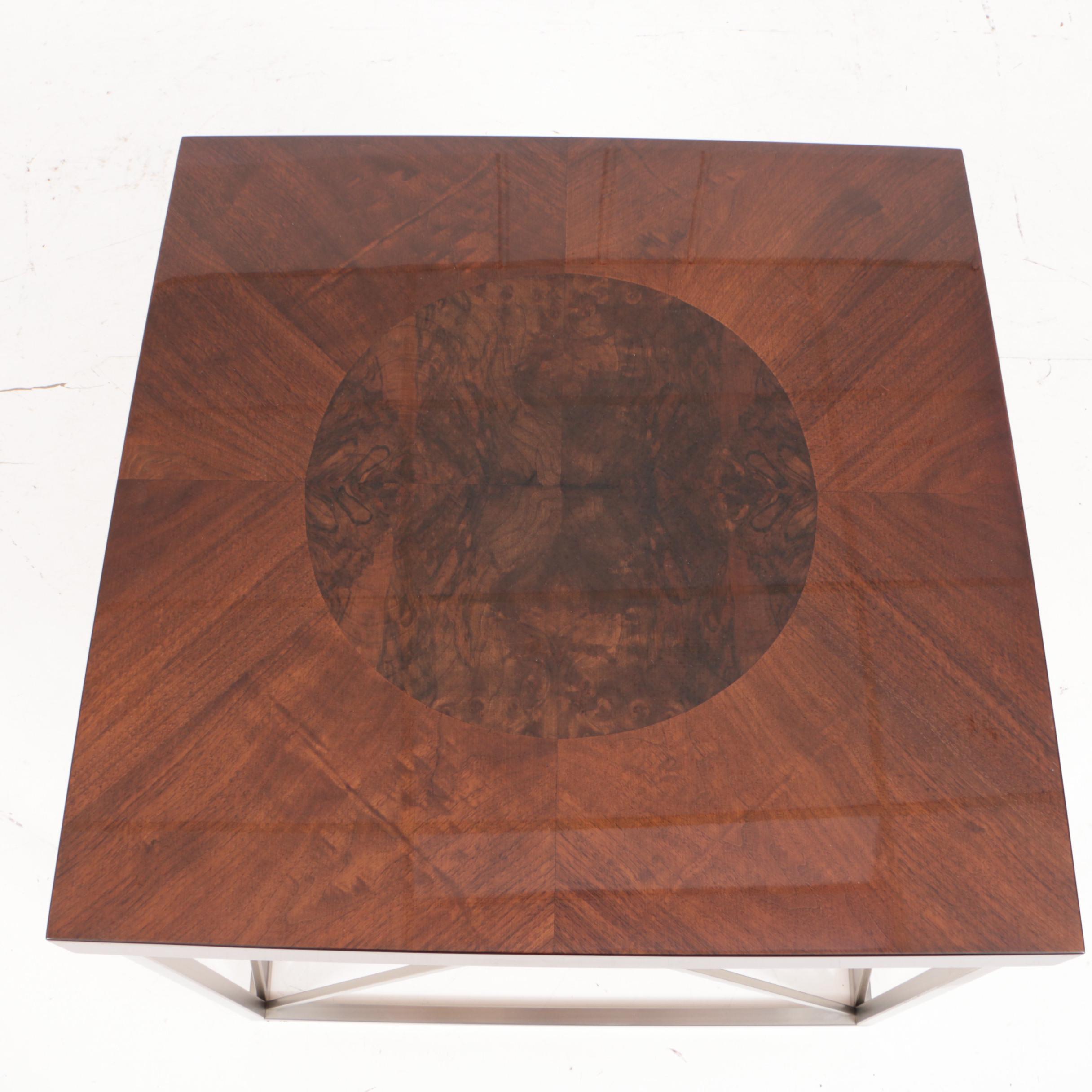Modernist Style Walnut and Burl Walnut Side Table with Metal Base