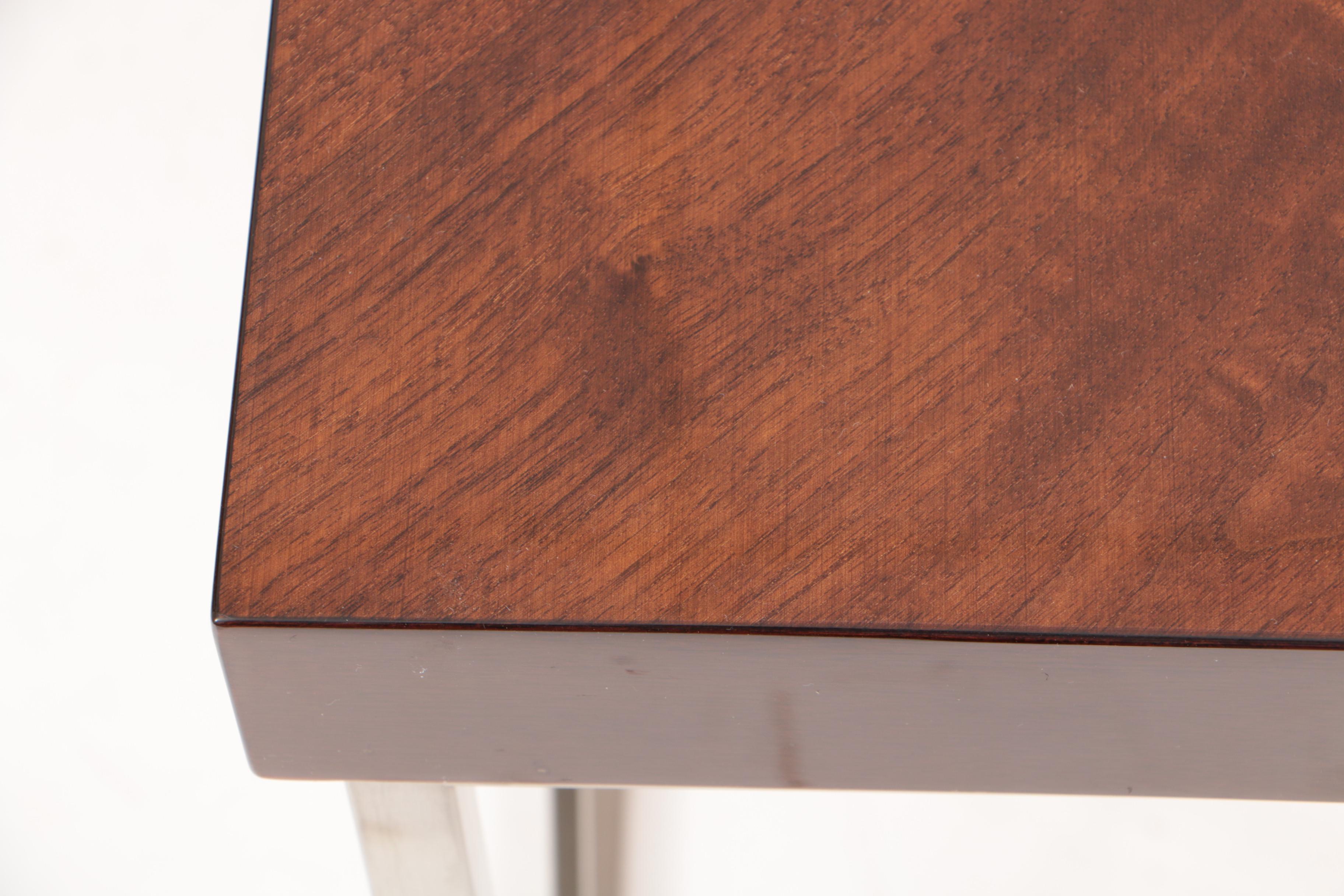 Modernist Style Walnut and Burl Walnut Side Table with Metal Base