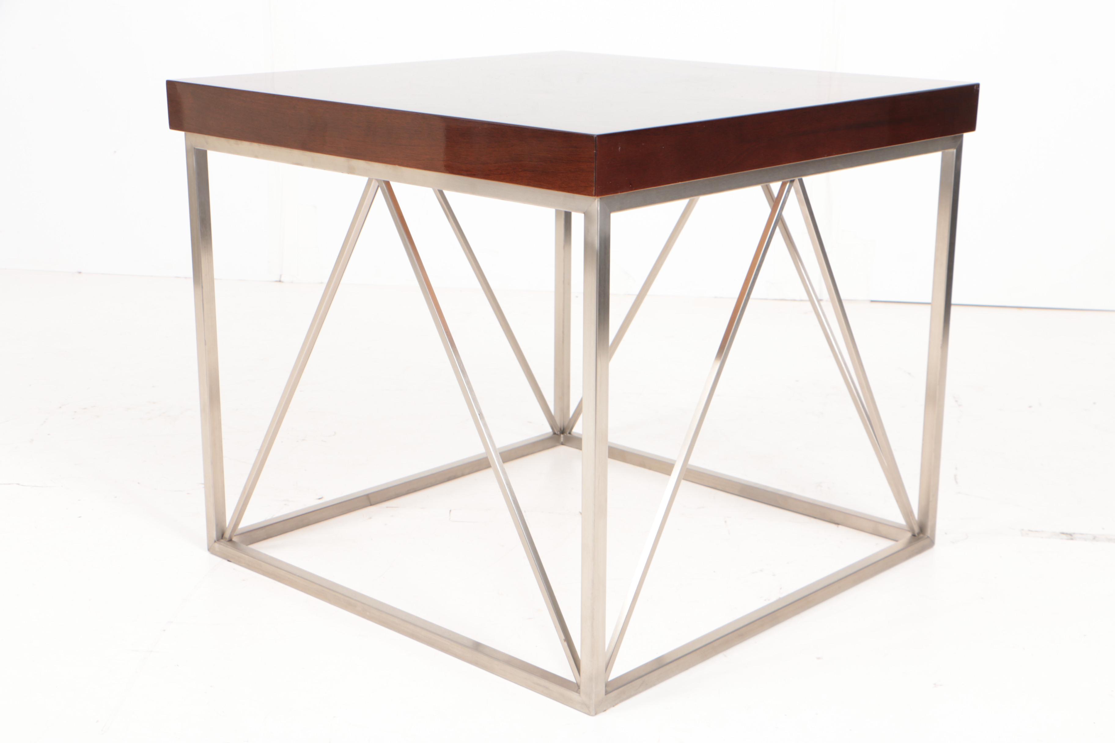 Modernist Style Walnut and Burl Walnut Side Table with Metal Base