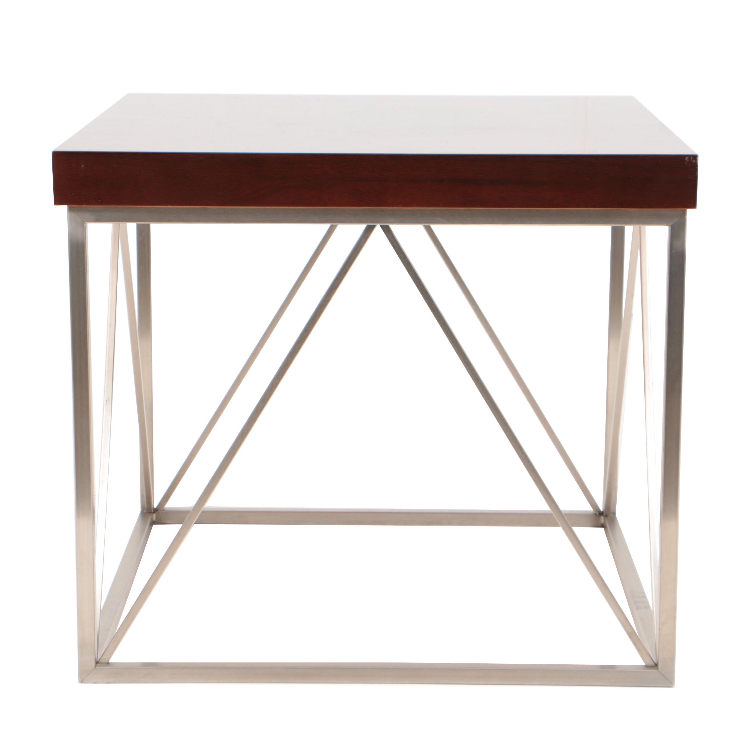 Modernist Style Walnut and Burl Walnut Side Table with Metal Base