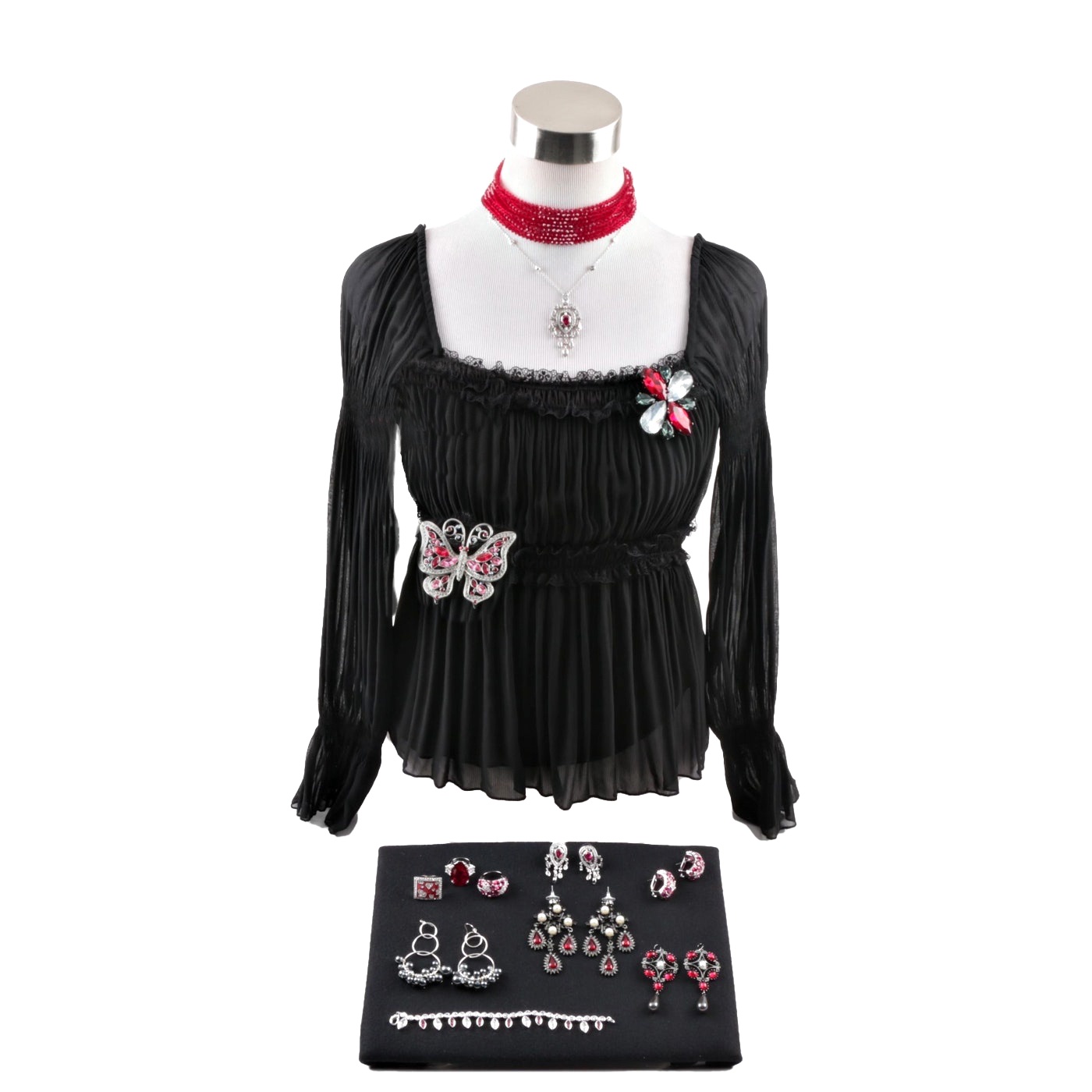 Susan Lucci Costume Jewelry with Imitation Pearls and Susan Lucci Black Blouse