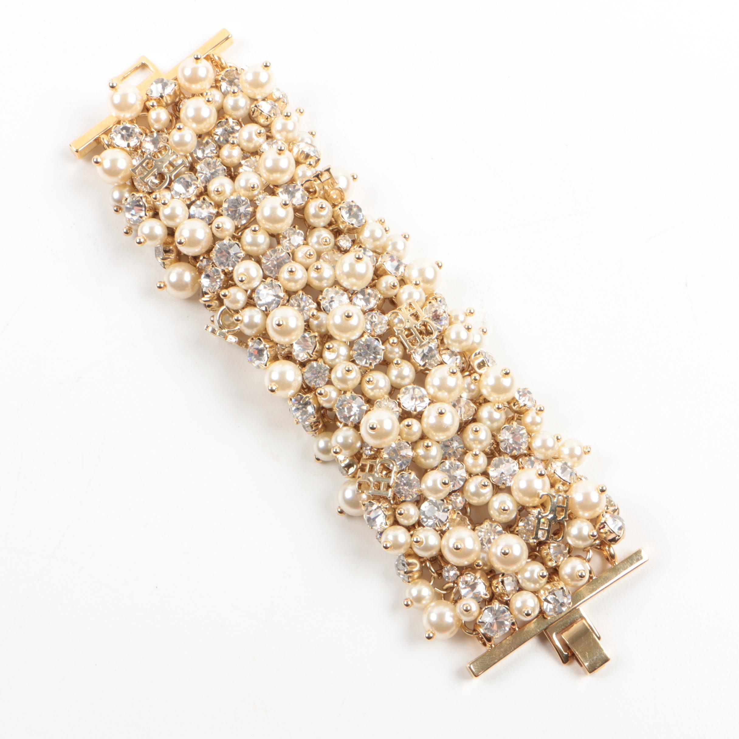 Carolina Herrera Gold Tone Imitation Pearl and Glass Foilback Costume Bracelet