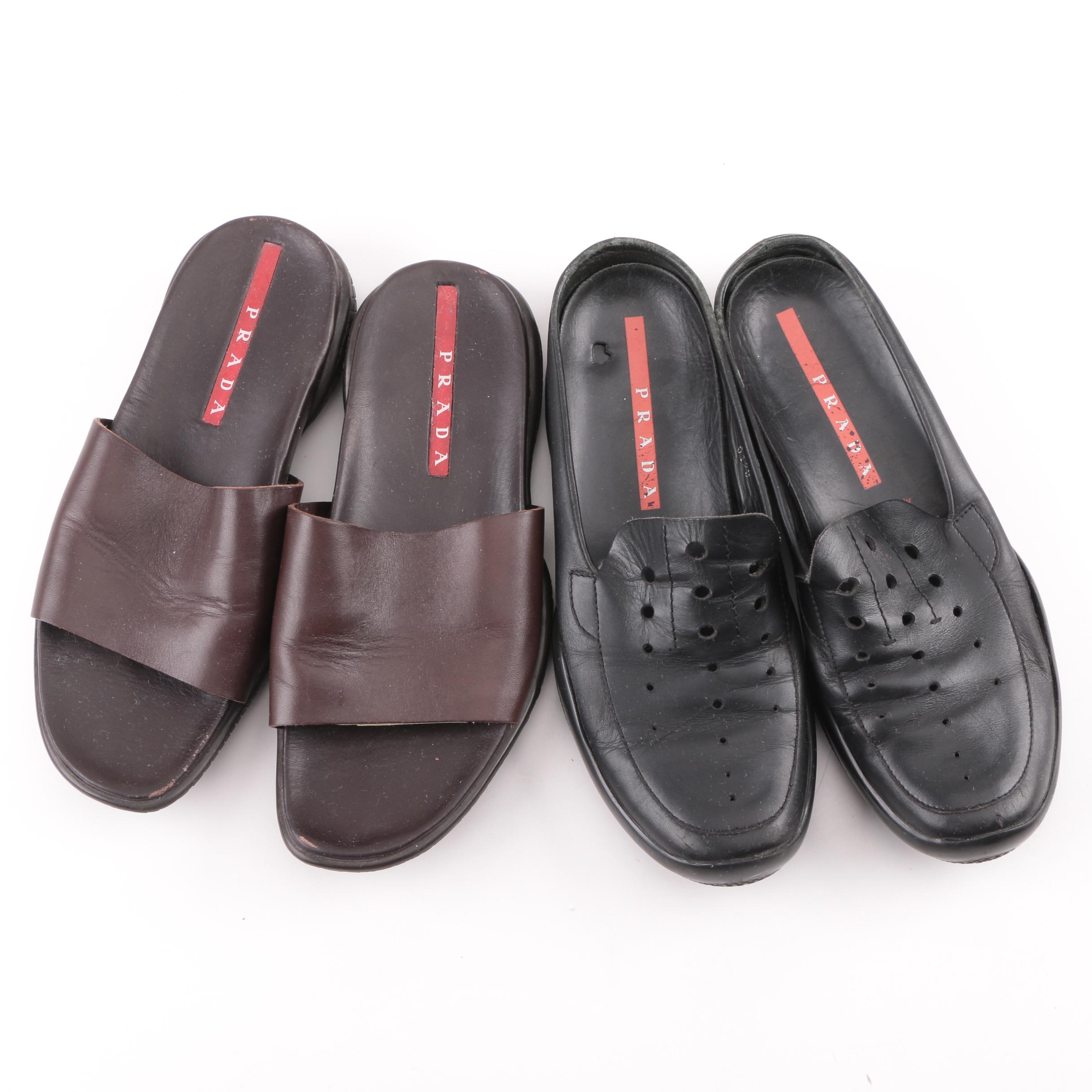Burberry Espadrille Sandals with Prada Black Loafers and Brown Leather Slides