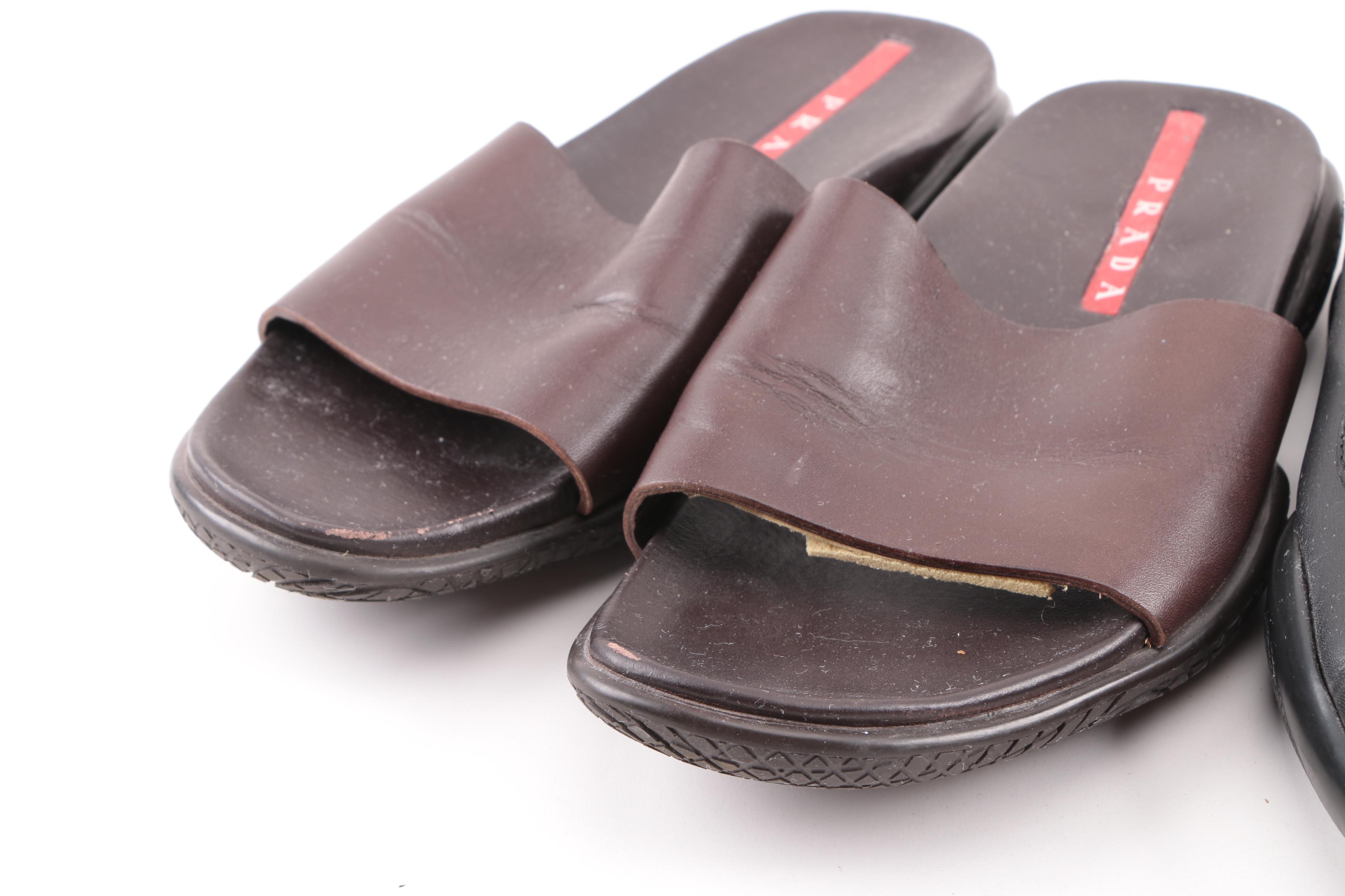 Burberry Espadrille Sandals with Prada Black Loafers and Brown Leather Slides